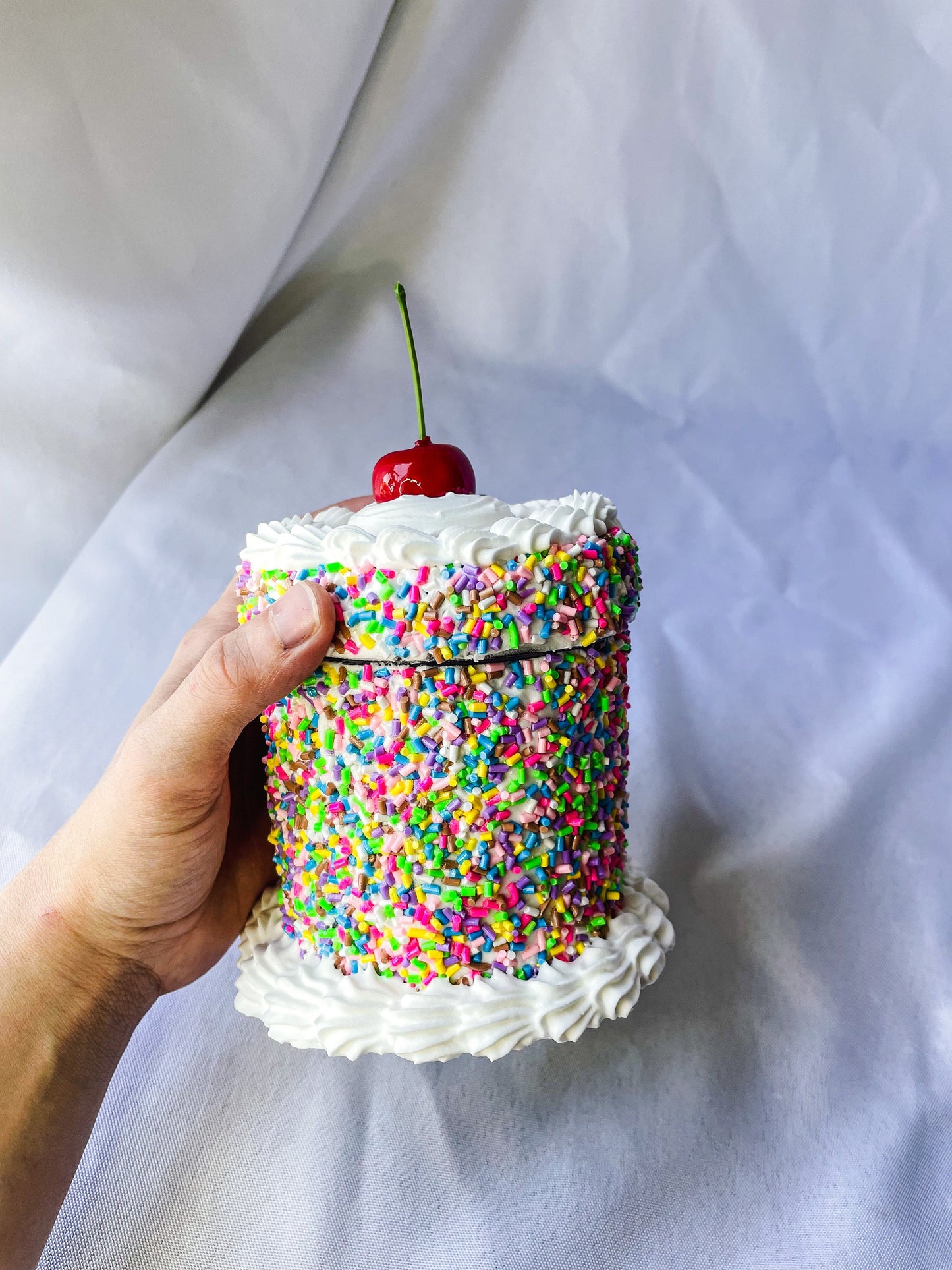 Rainbow Sprinkles with a Cherry on Top Fake Cake Box