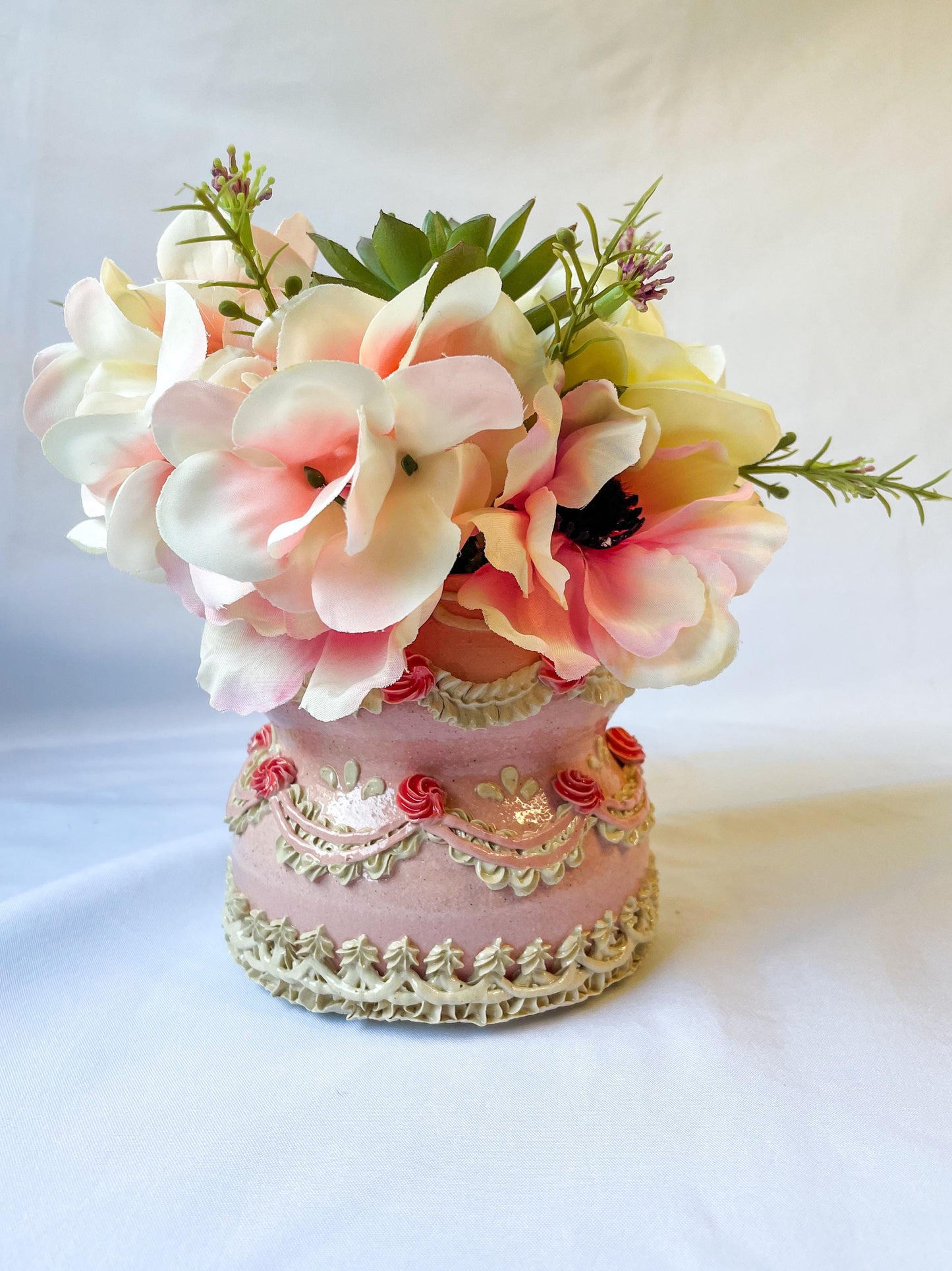 Pink and White Ceramic Cake Vase