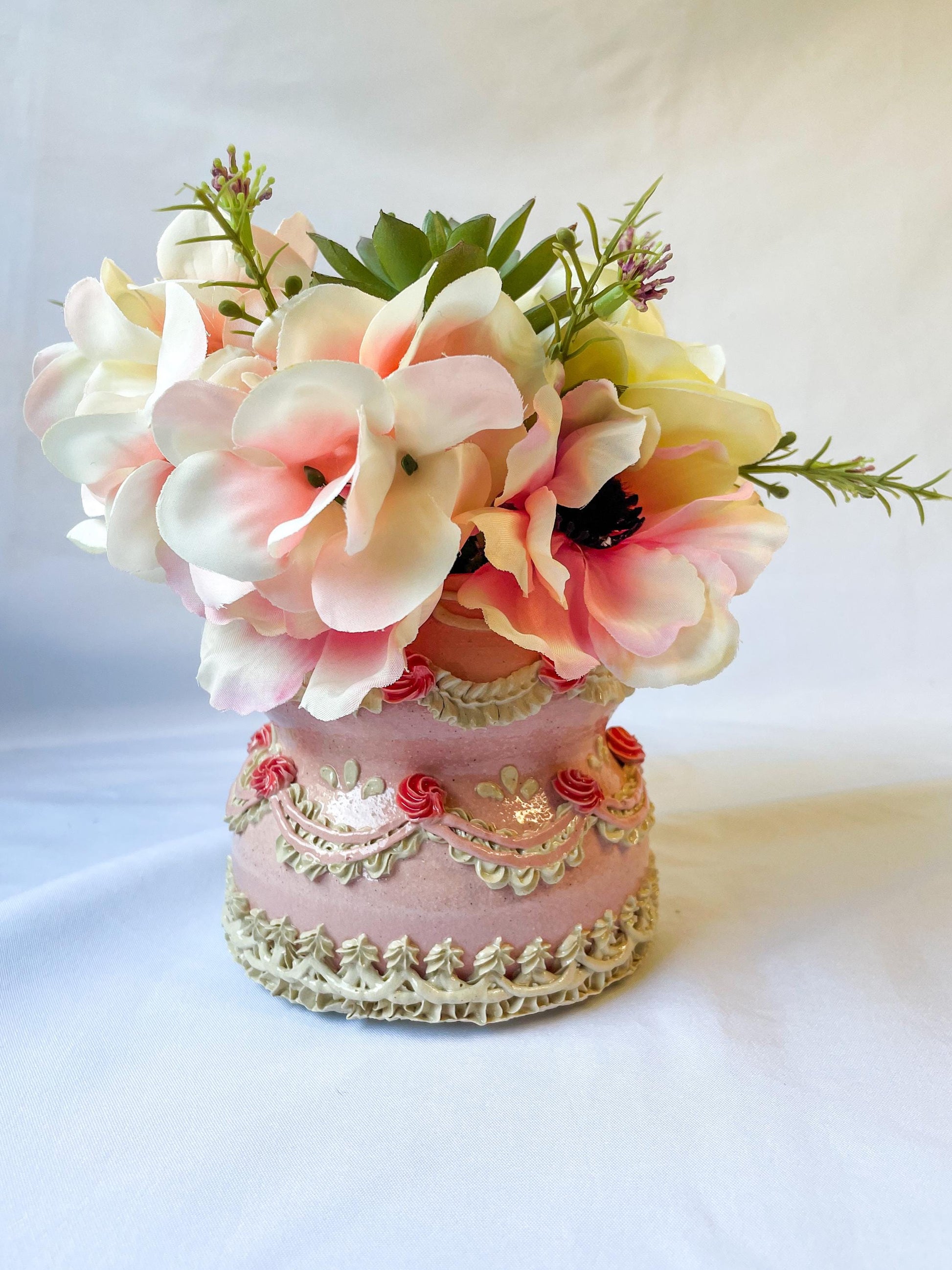 Pink and White Ceramic Cake Vase