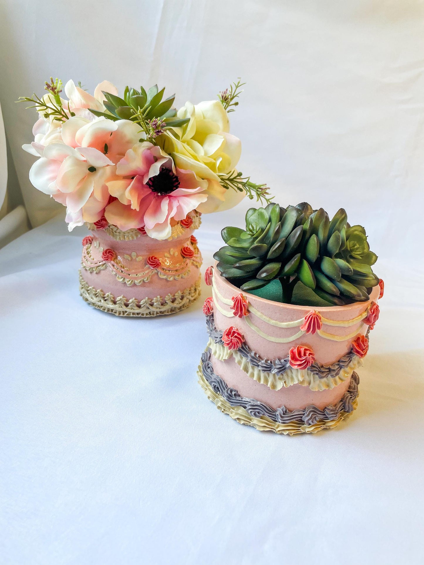 Pink and White Ceramic Cake Vase