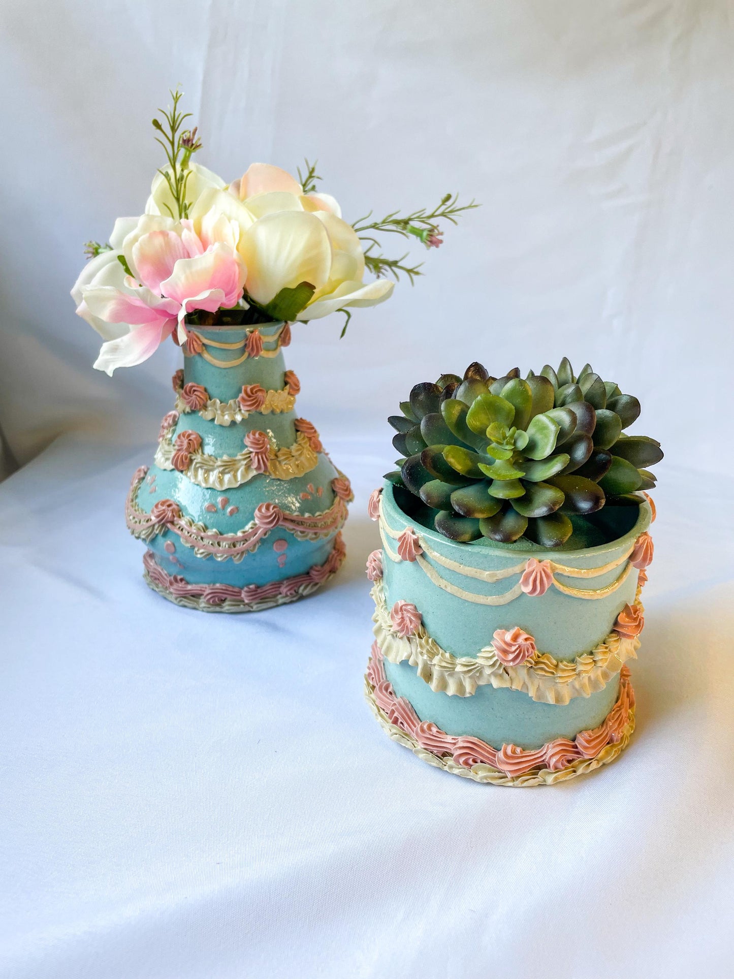 Light Blue and Pink Ceramic Cake Vase