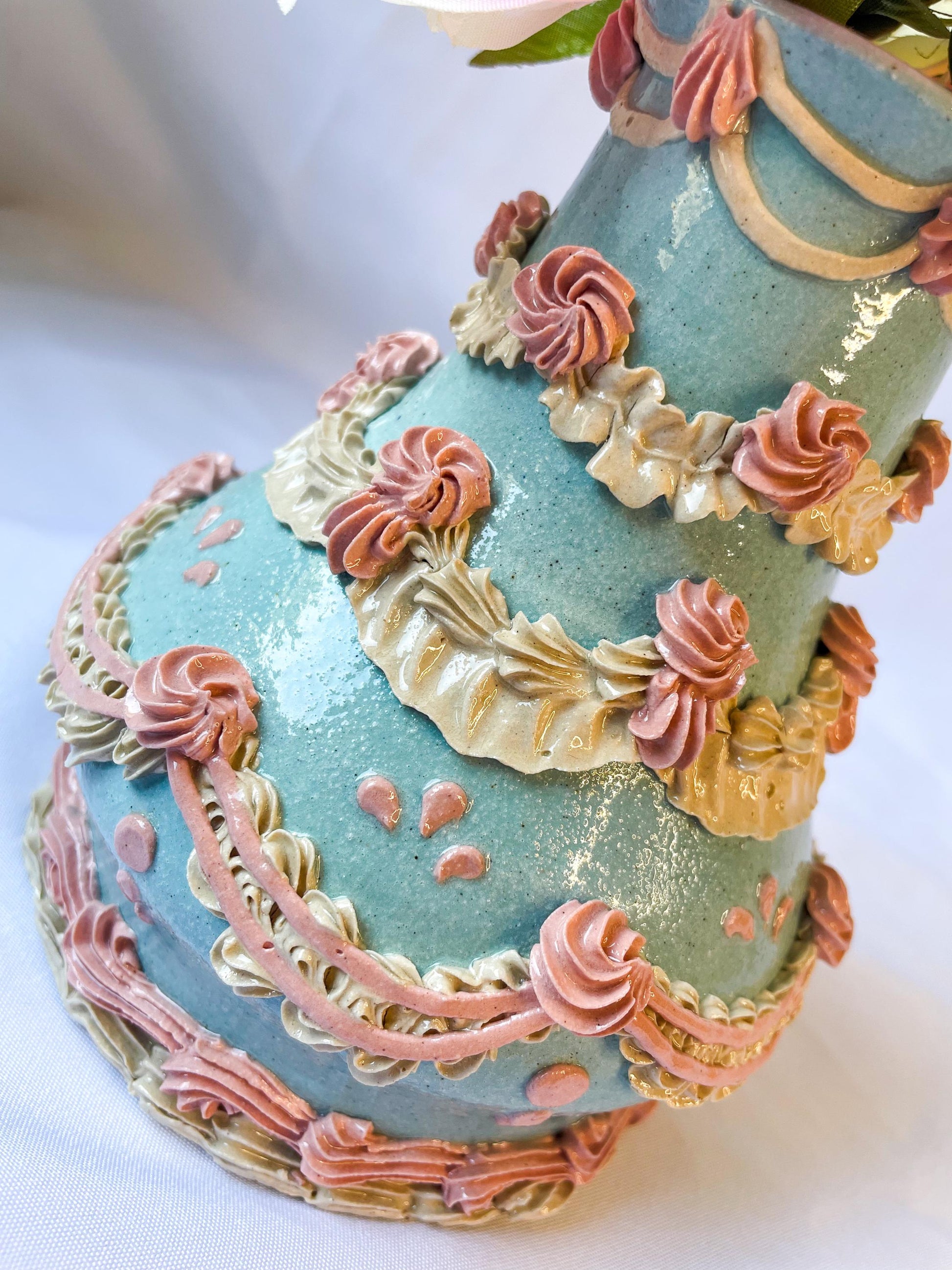 Light Blue and Pink Ceramic Cake Vase