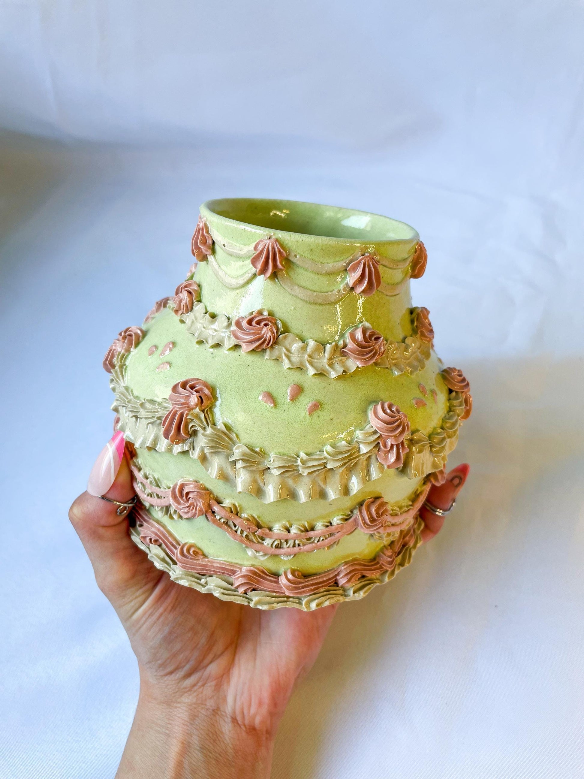 Mint and Pink Ceramic Cake Vase
