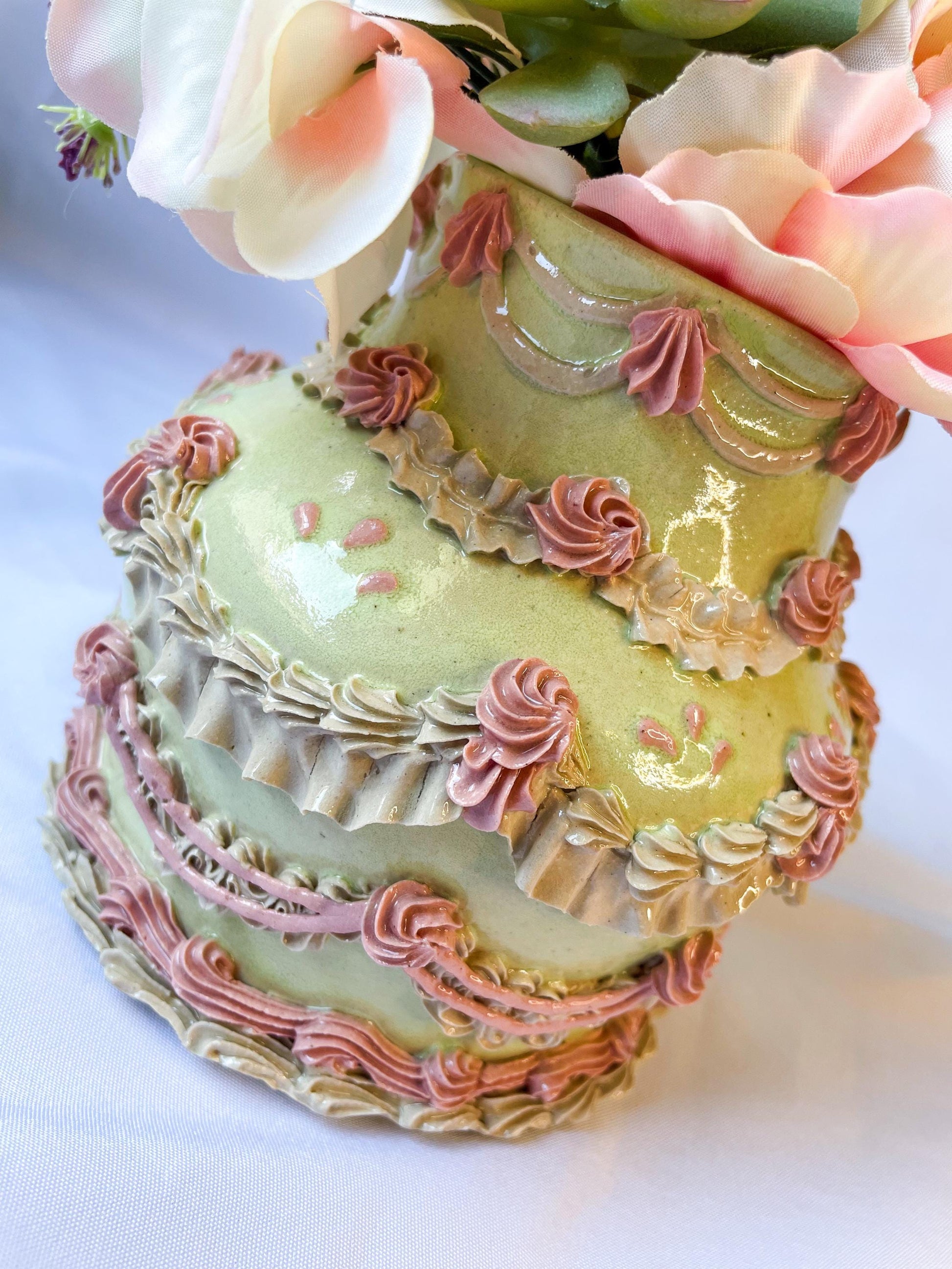 Mint and Pink Ceramic Cake Vase