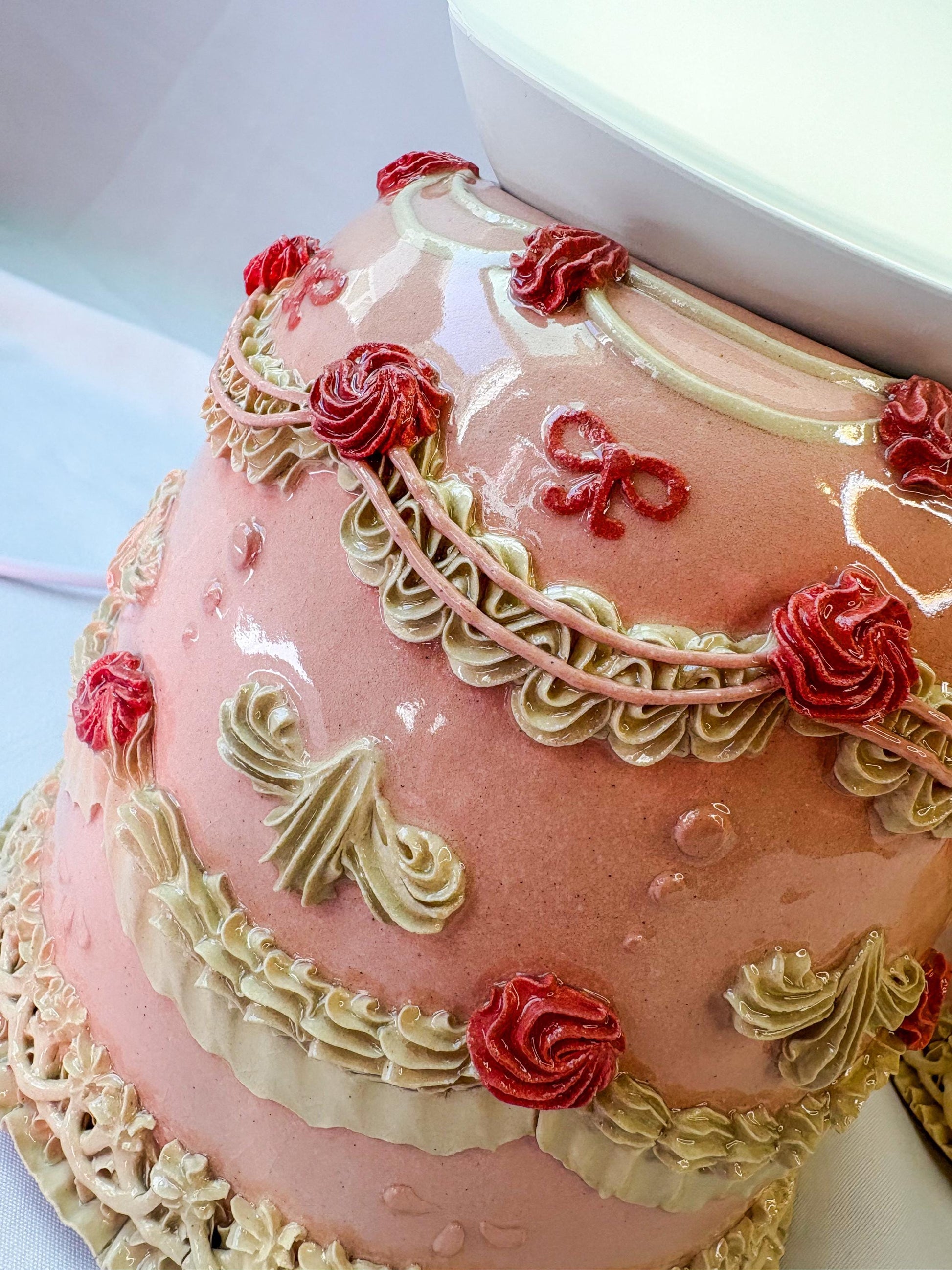 Pink and White Ceramic Cake Table Lamp