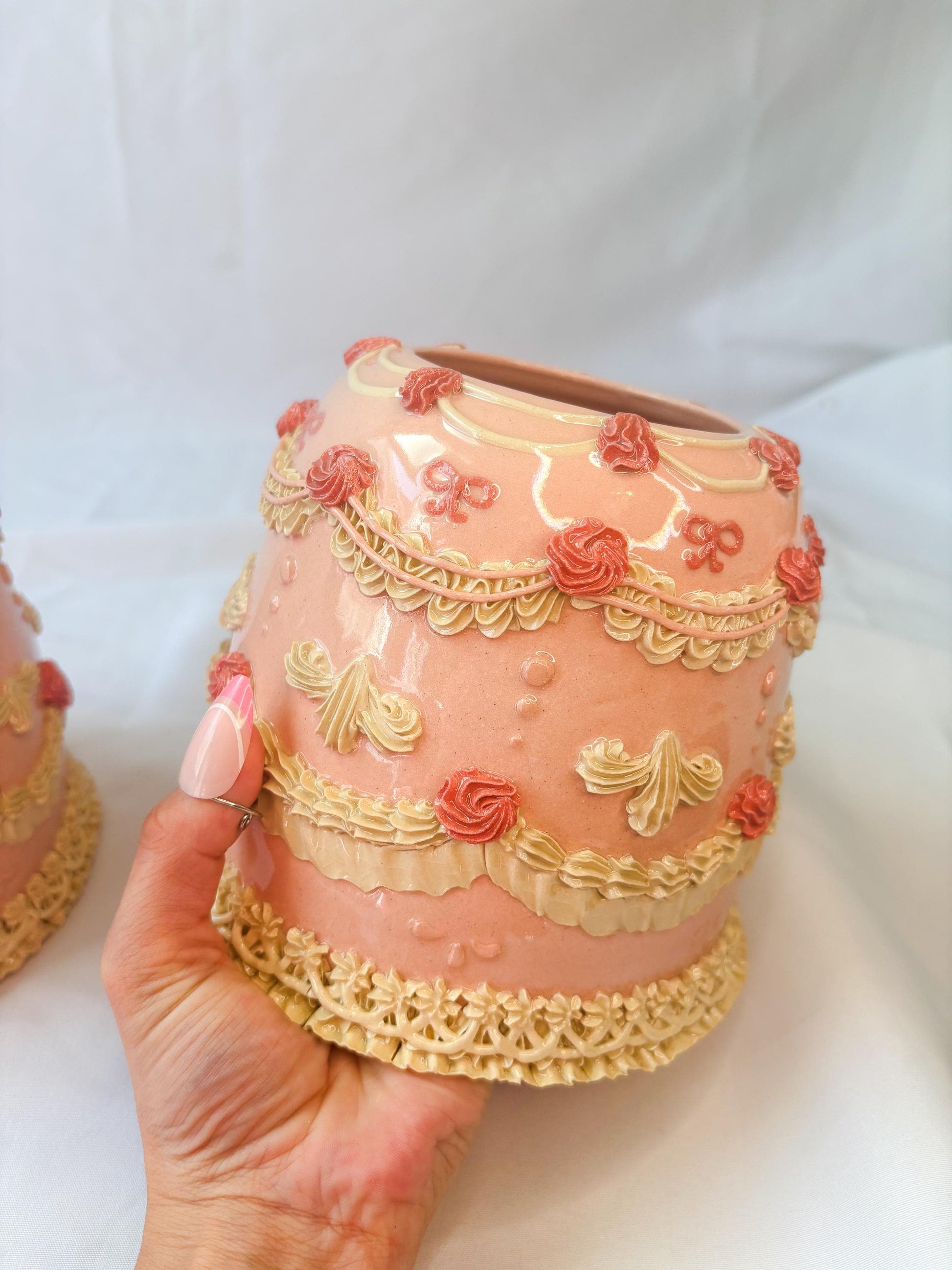Pink and White Ceramic Cake Table Lamp