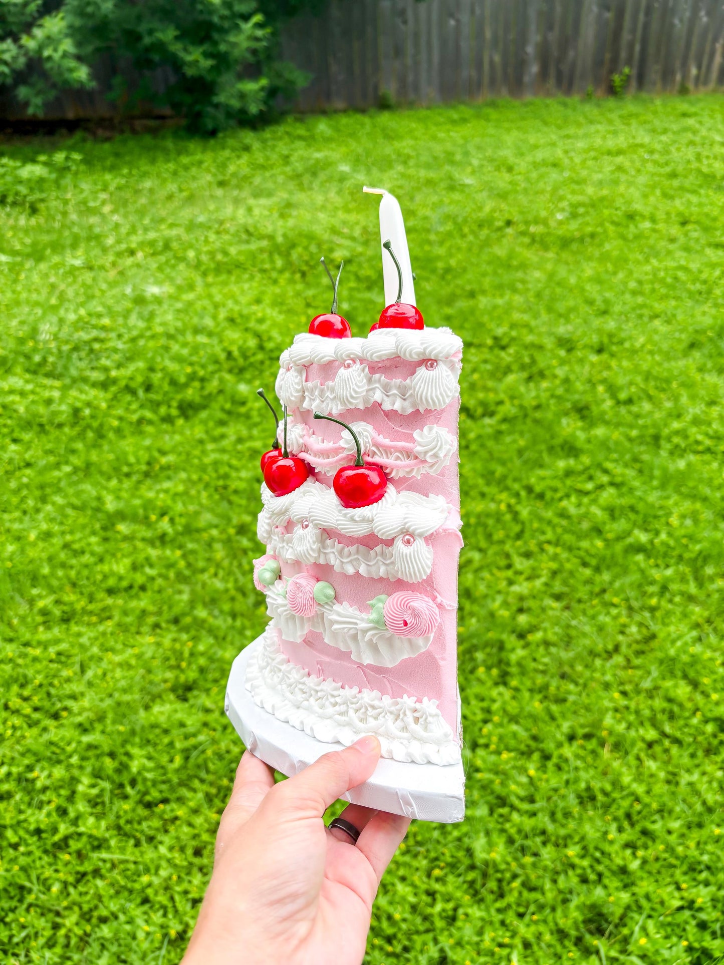 Cherry Birthday Cake Wall Hanging | Faux Cake Decor | Pink Lambeth Style Fake Cake | Coquette Wall Art