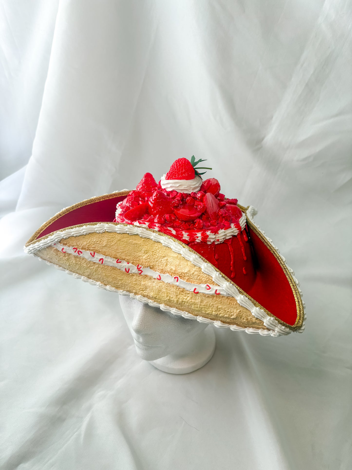 Strawberry Shortcake Pirate Hat – Whimsical Dessert-Inspired Costume Hat | Handmade Cake Couture Headpiece