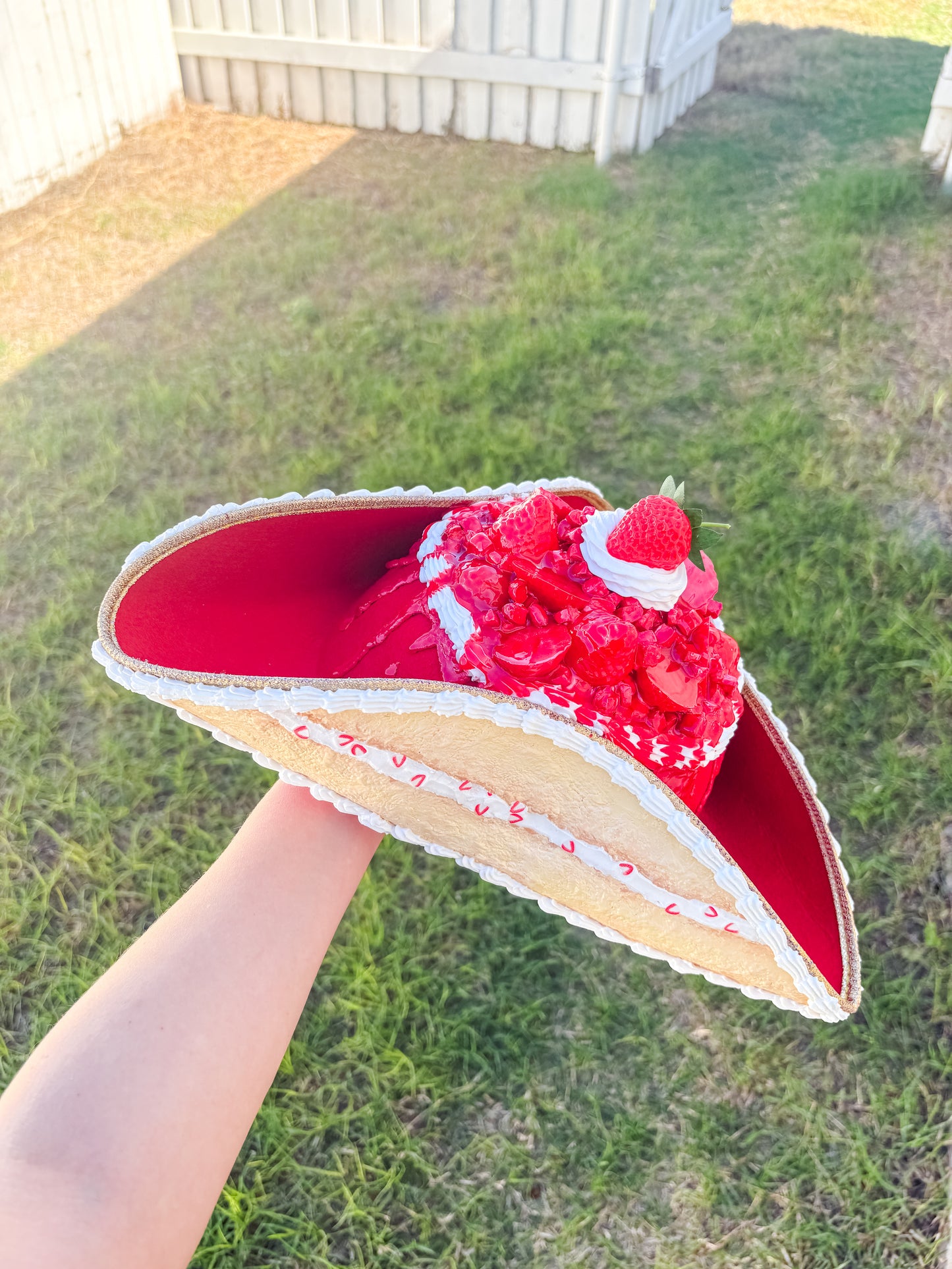 Strawberry Shortcake Pirate Hat – Whimsical Dessert-Inspired Costume Hat | Handmade Cake Couture Headpiece