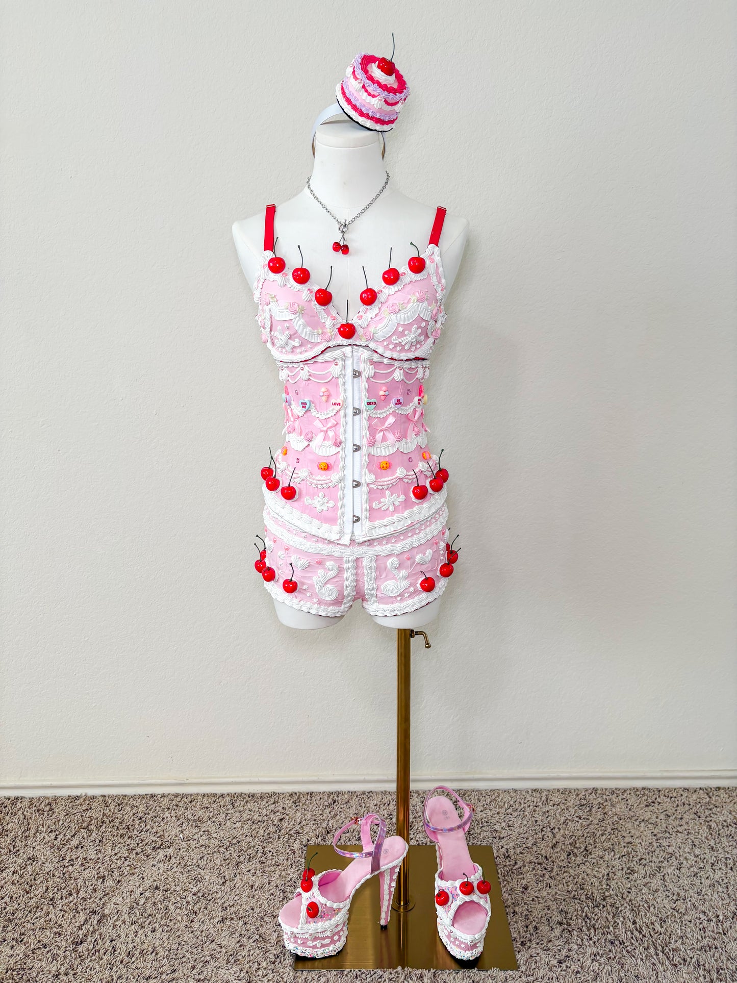 Cherry and Candy Cake Couture Set – Pink Cake Waist Corset, Bra & Shorts RENTAL OUTFIT