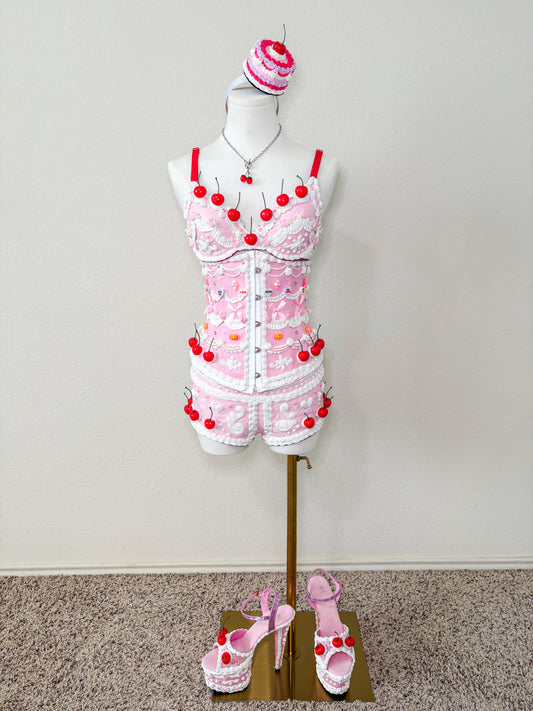 Cherry and Candy Cake Couture Set – Pink Cake Waist Corset, Bra & Shorts RENTAL OUTFIT