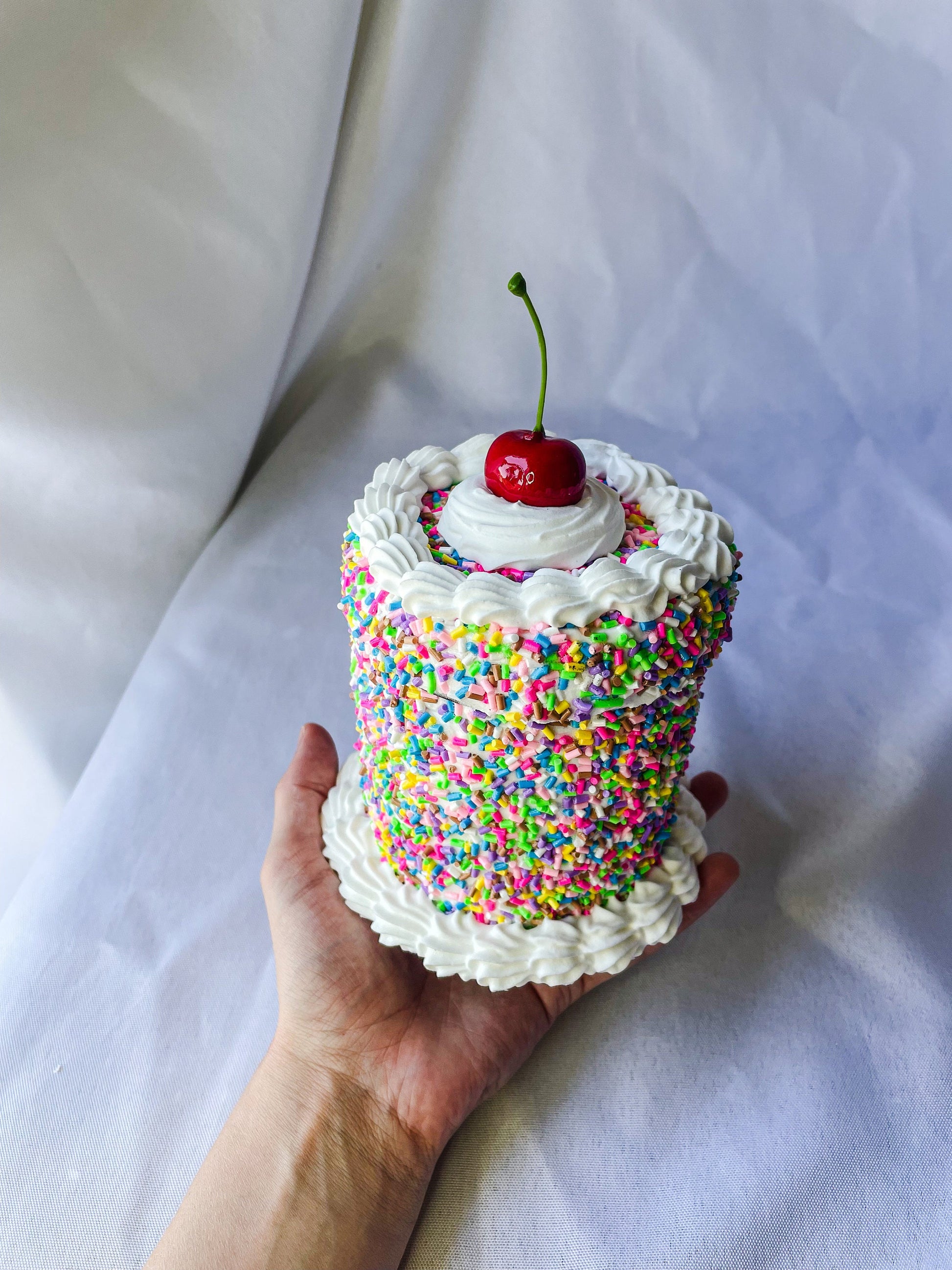 Rainbow Sprinkles with a Cherry on Top Fake Cake Box
