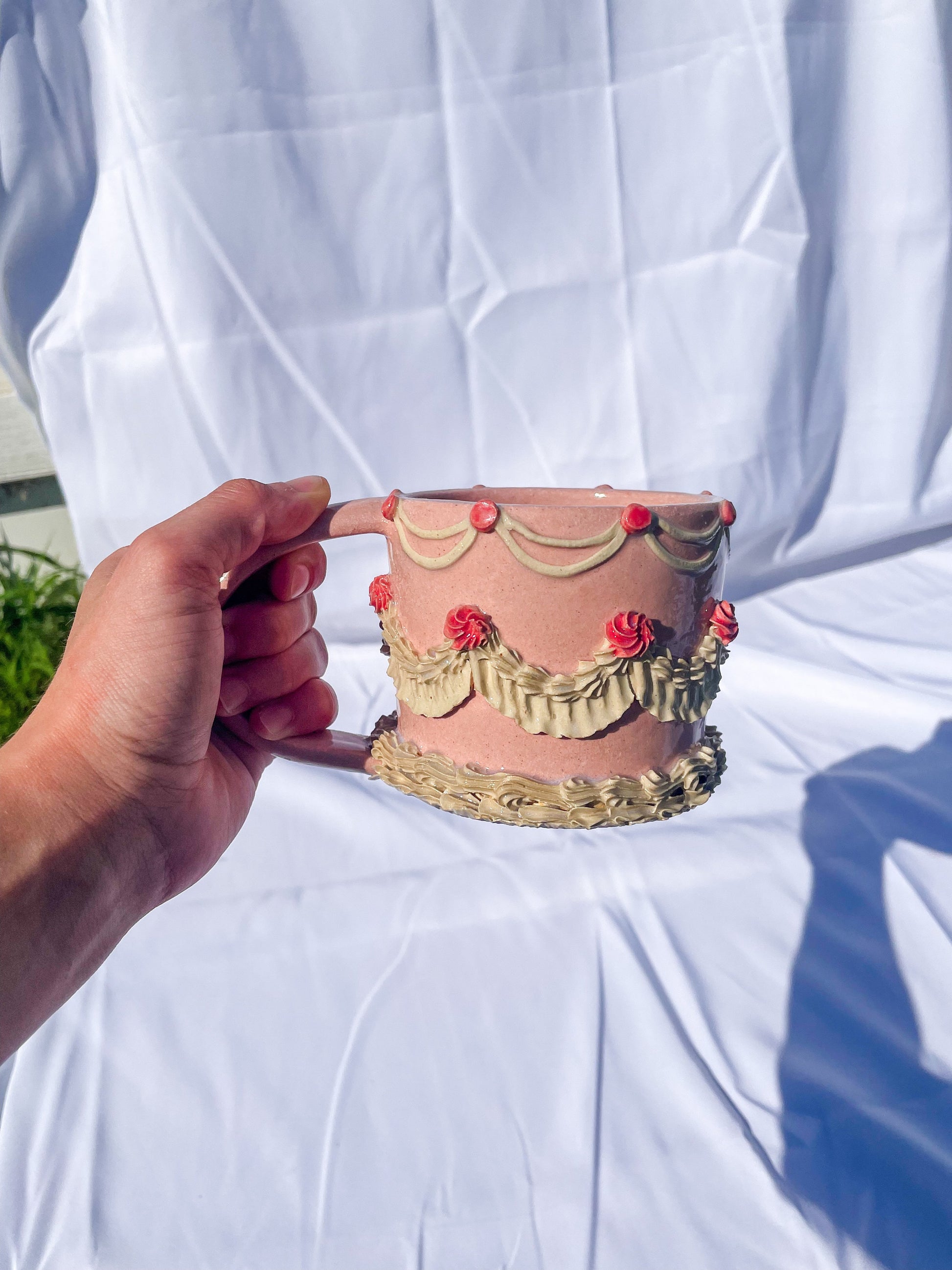 Pink and White Ceramic Cake Mug