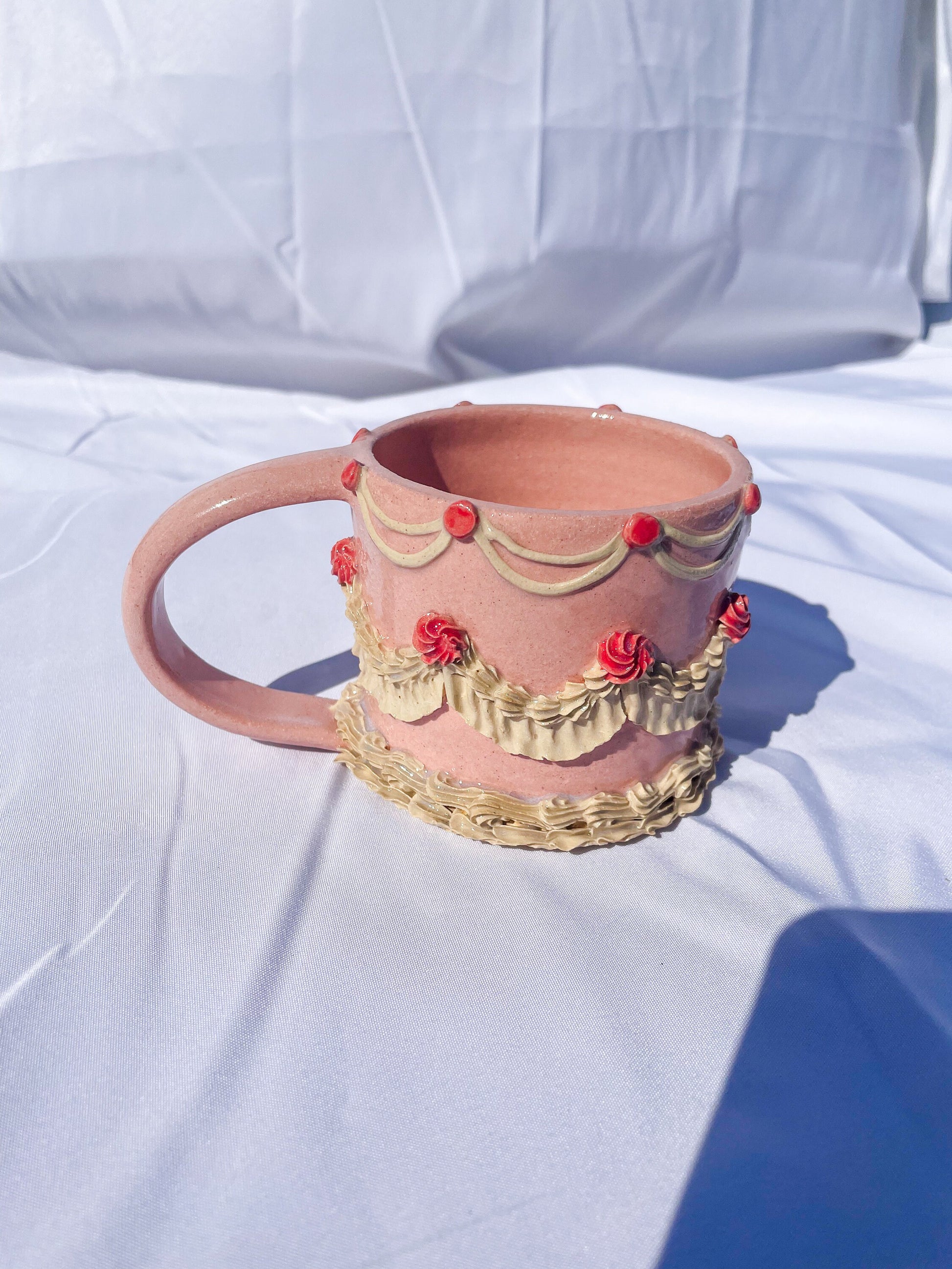 Pink and White Ceramic Cake Mug