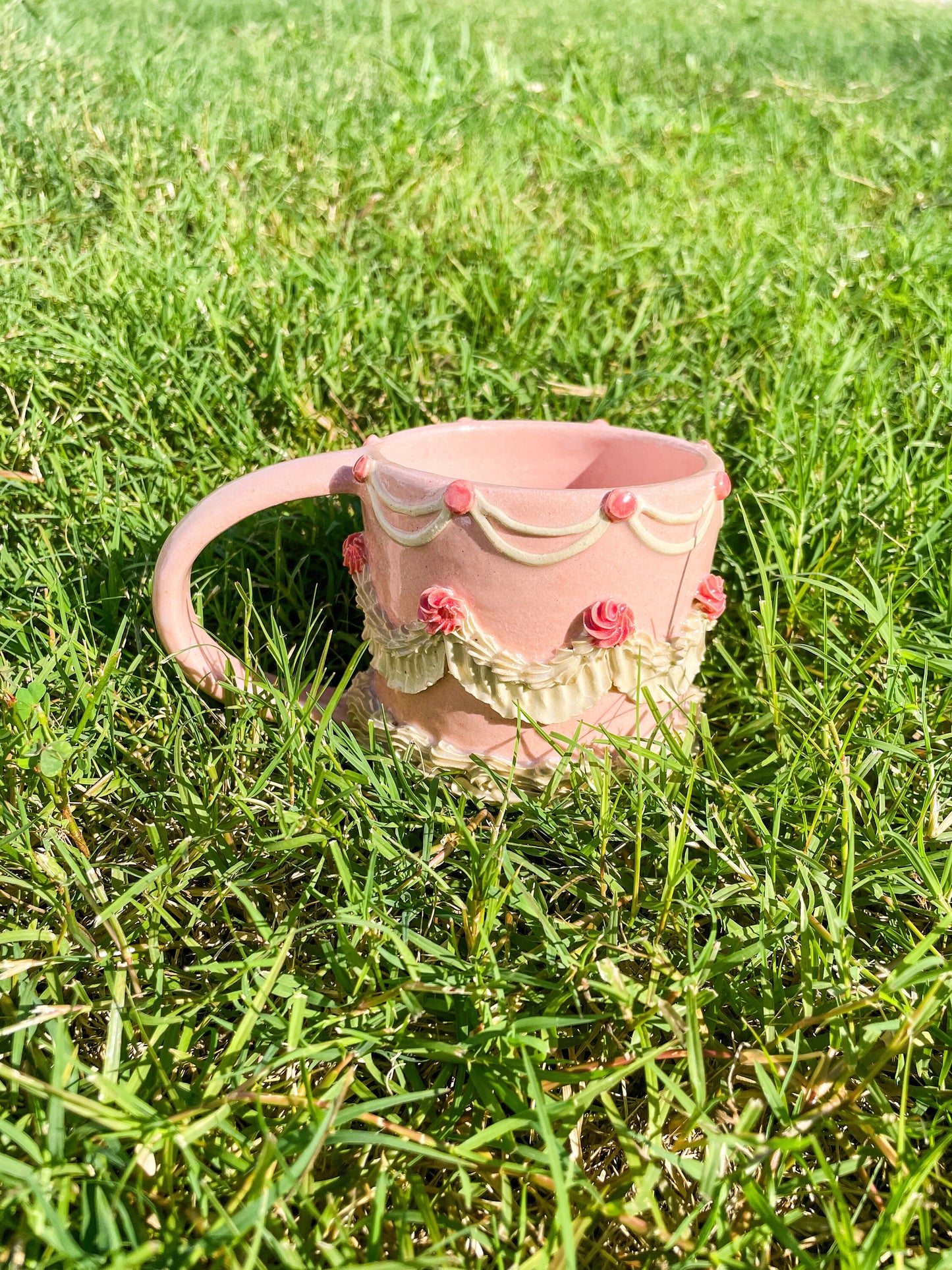 Pink and White Ceramic Cake Mug