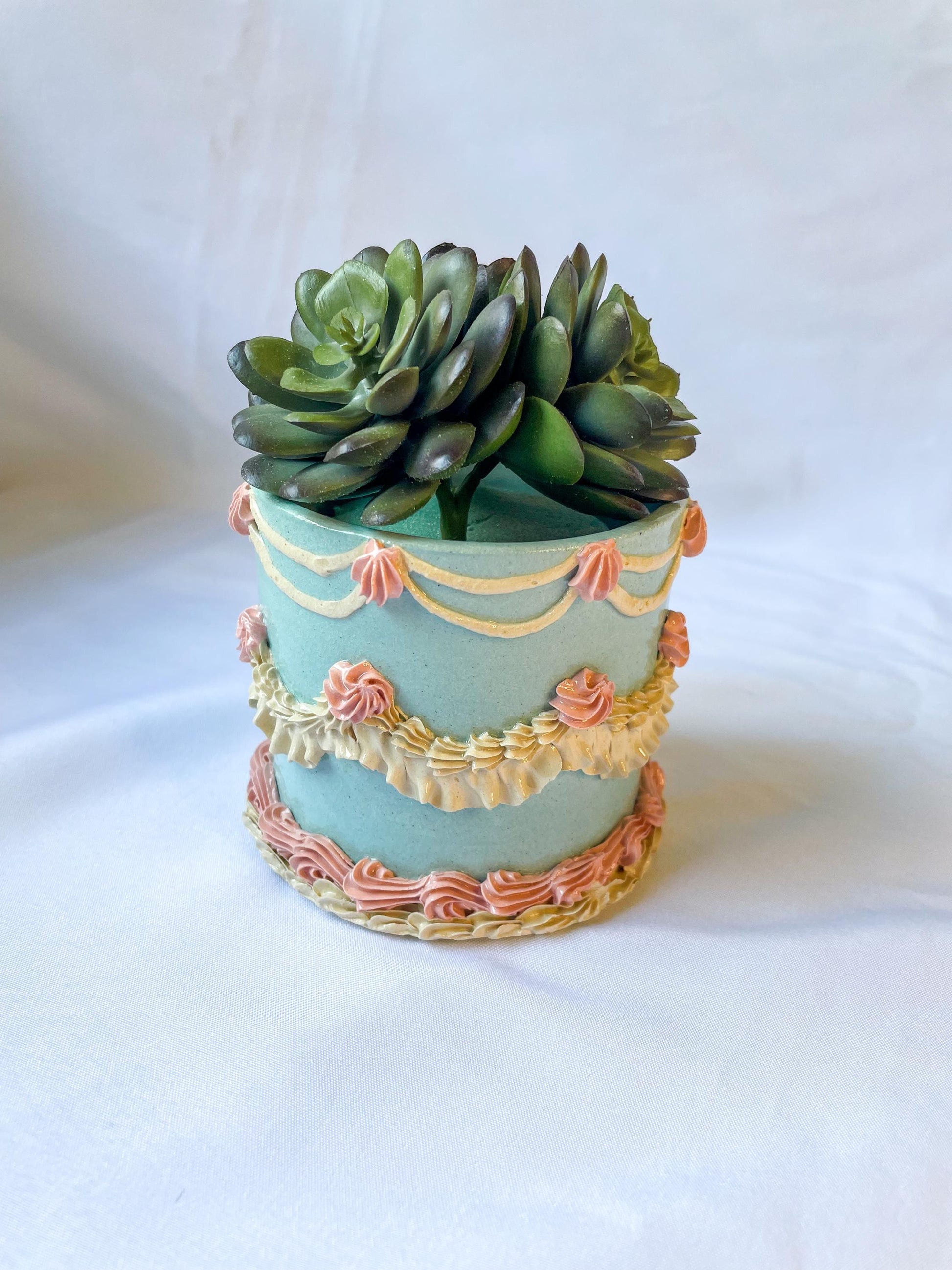 light blue planter pot Light Blue and Pink Ceramic Cake Planter