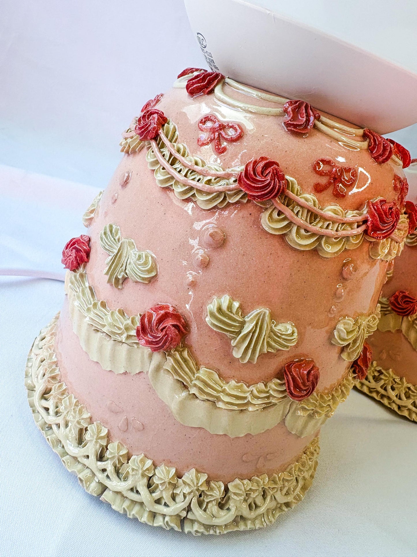 Pink and White Ceramic Cake Table Lamp
