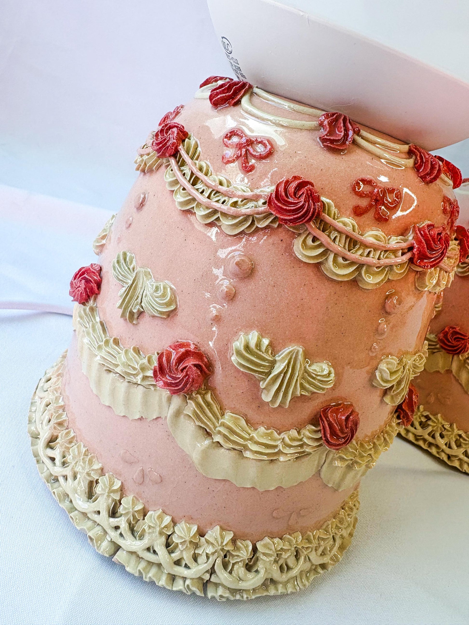 Pink and White Ceramic Cake Table Lamp