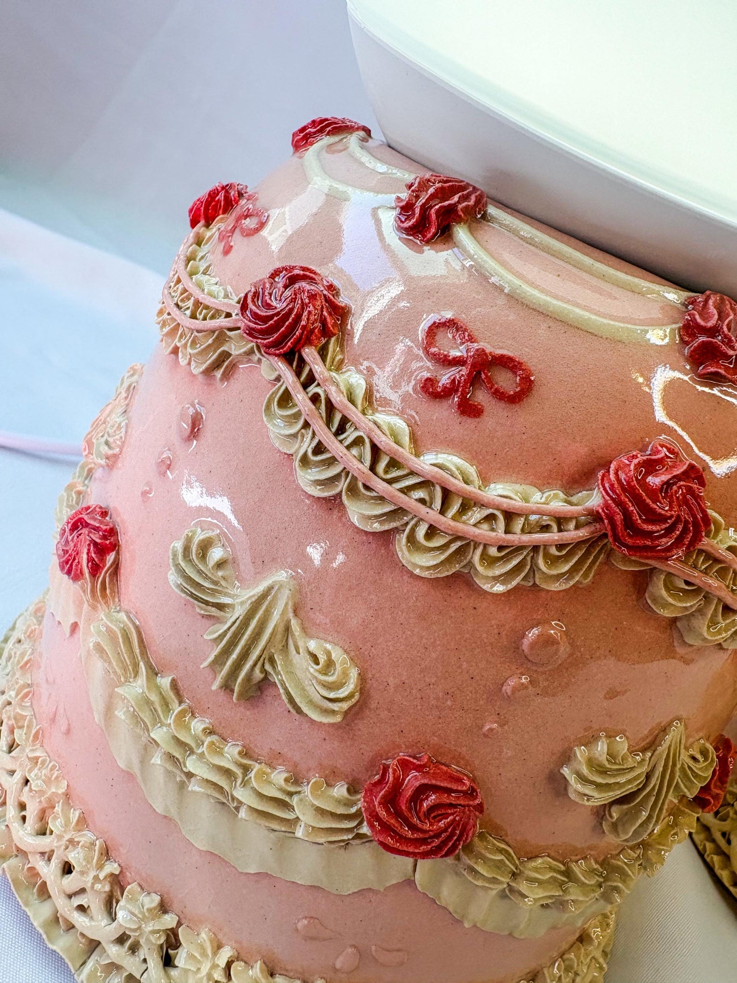 Pink and White Ceramic Cake Table Lamp