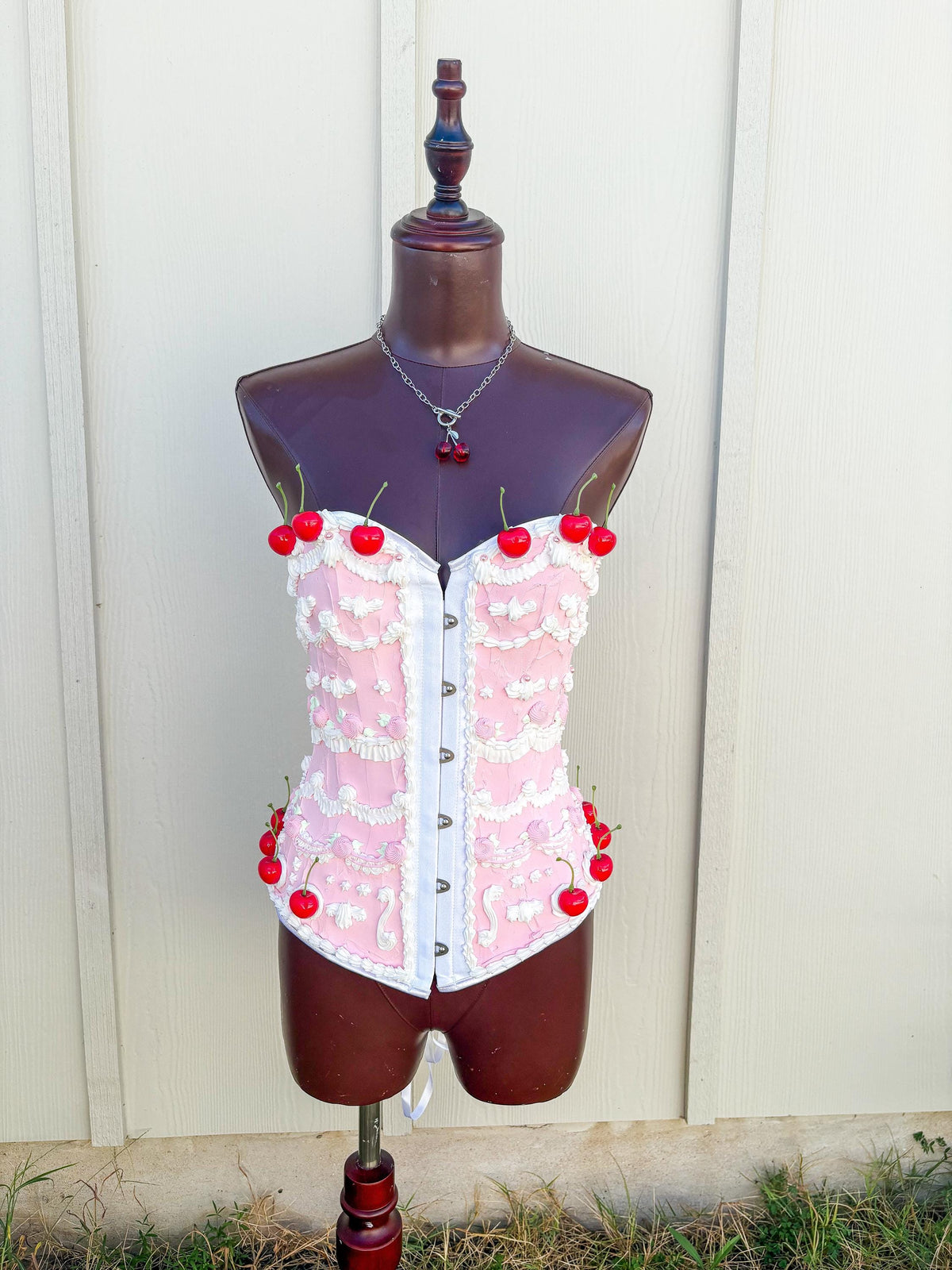Customizable Cake Corset Couture – Pink and Cherry Topped, Artistic Wear