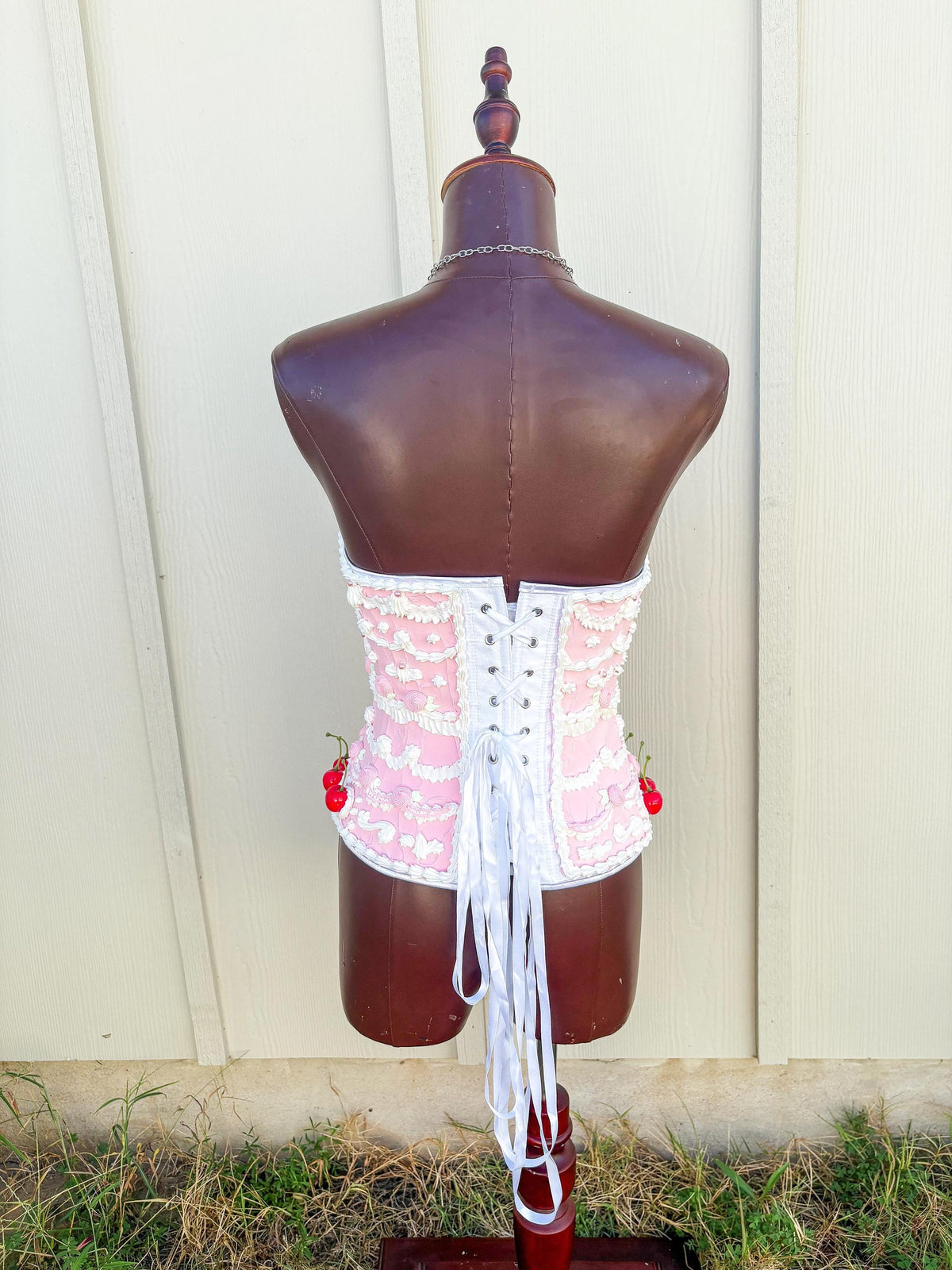 Customizable Cake Corset Couture – Pink and Cherry Topped, Artistic Wear
