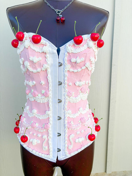 Customizable Cake Corset Couture – Pink and Cherry Topped, Artistic Wear