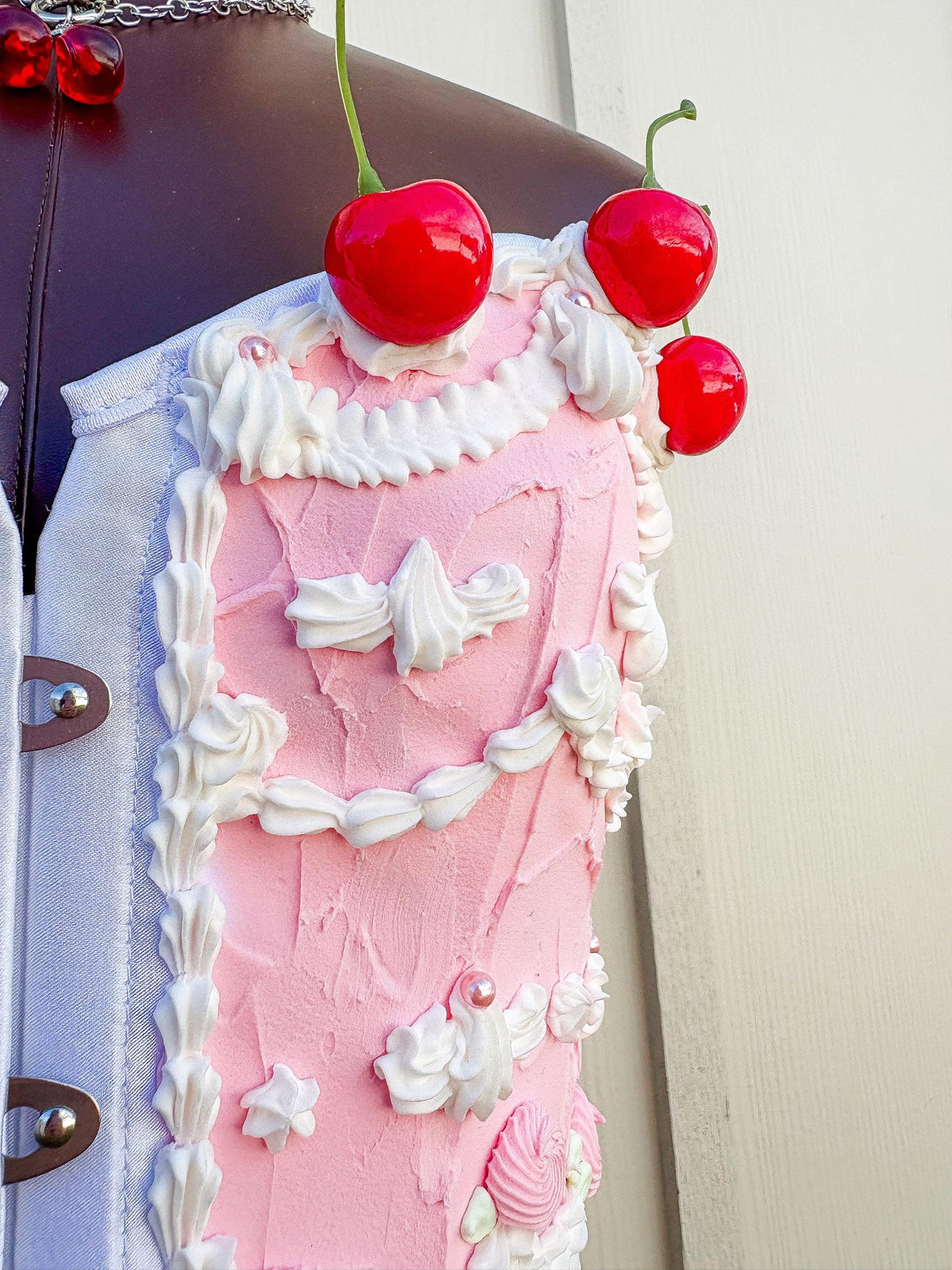 Customizable Cake Corset Couture – Pink and Cherry Topped, Artistic Wear