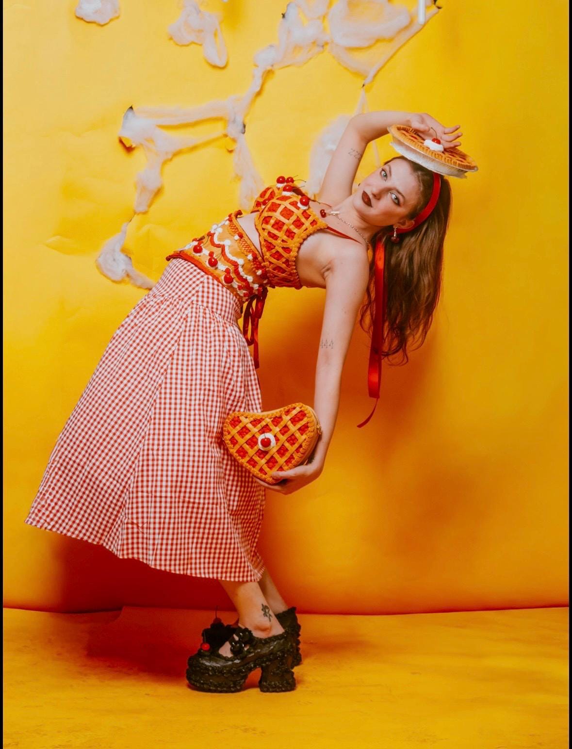 Cherry Pie Pin-Up Costume - Cherry Pie Bra and Corset Top & Red Gingham Skirt