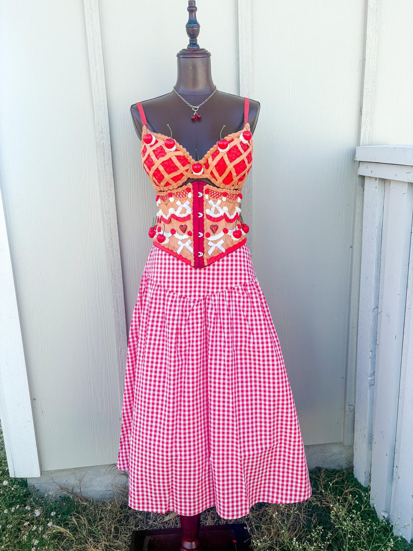 Cherry Pie Pin-Up Costume - Cherry Pie Bra and Corset Top & Red Gingham Skirt