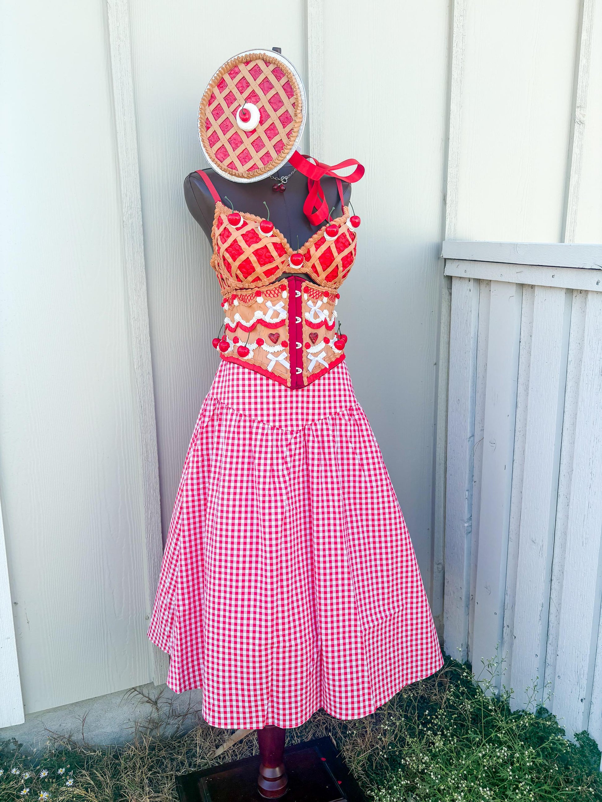 Cherry Pie Pin-Up Costume - Cherry Pie Bra and Corset Top & Red Gingham Skirt