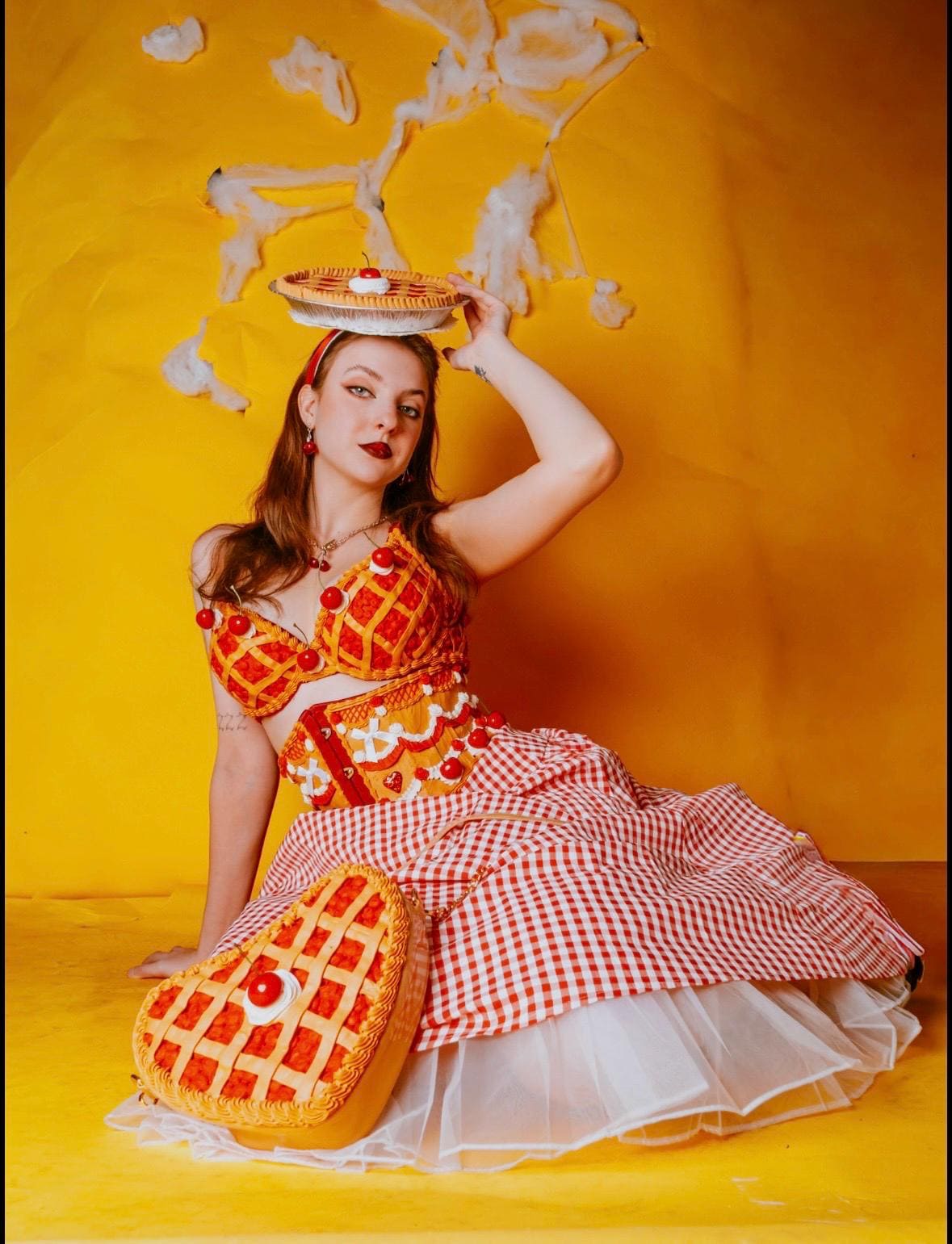 Cherry Pie Pin-Up Costume - Cherry Pie Bra and Corset Top & Red Gingham Skirt