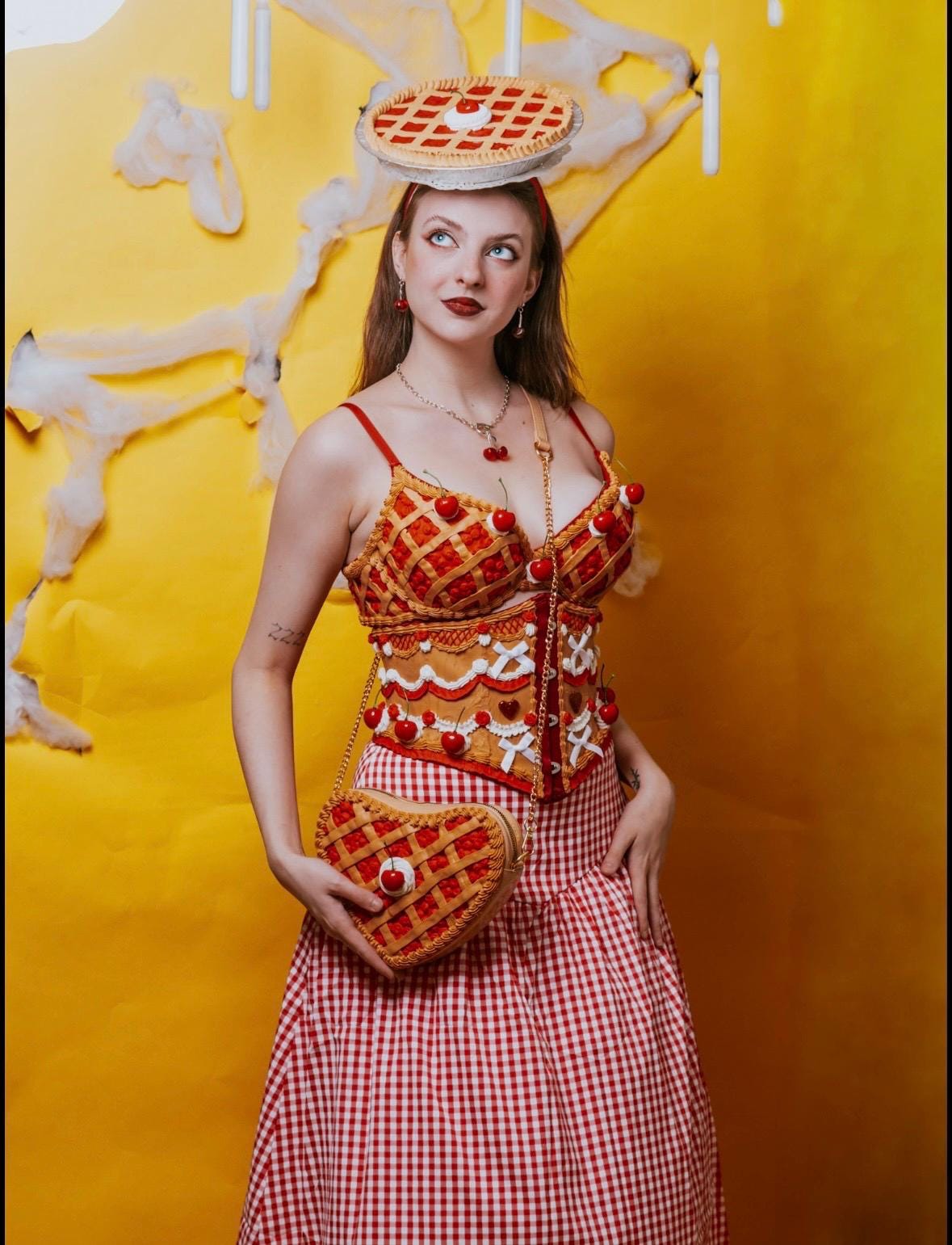 Cherry Pie Pin-Up Costume - Cherry Pie Bra and Corset Top & Red Gingham Skirt