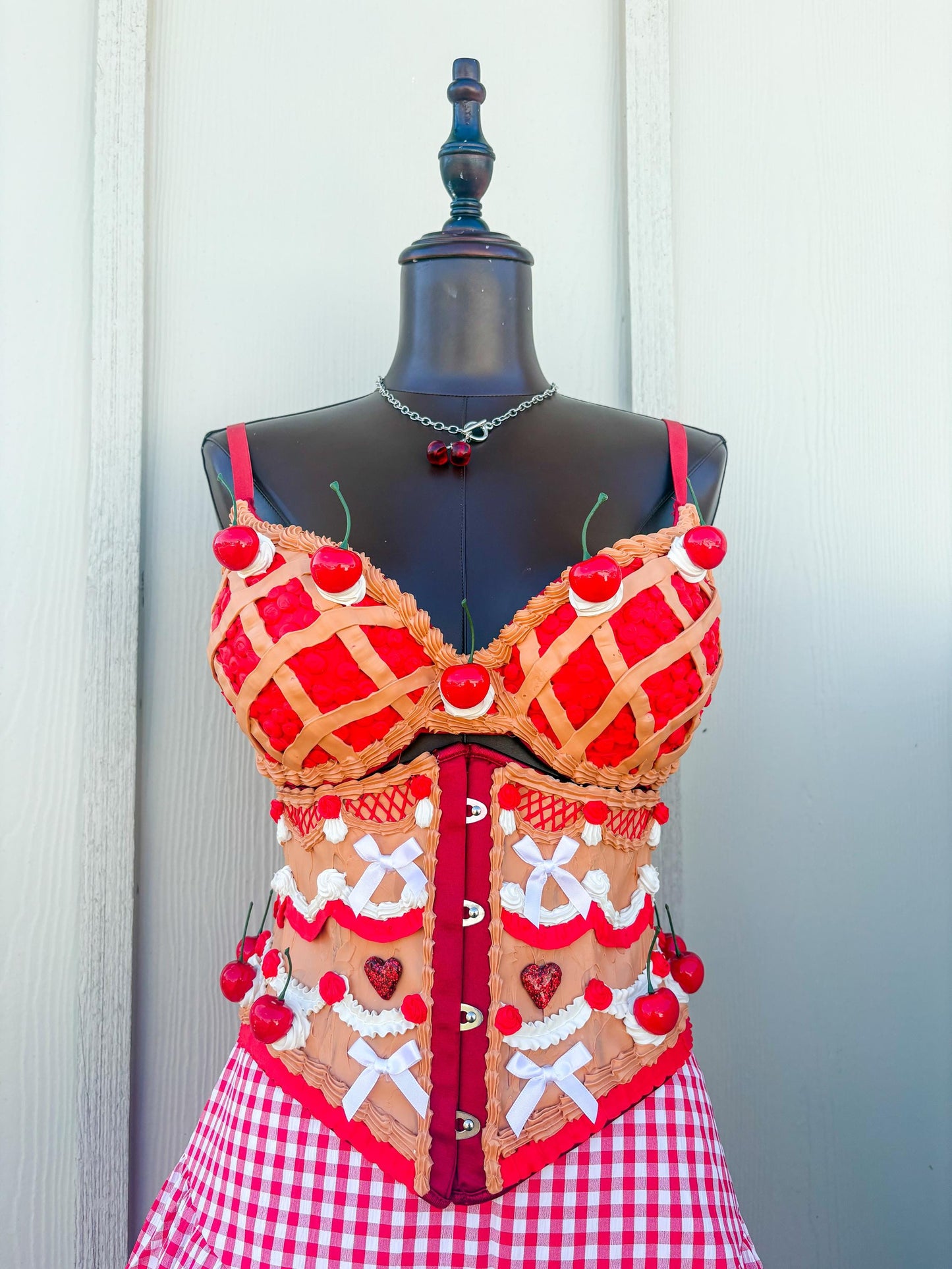 Cherry Pie Pin-Up Costume - Cherry Pie Bra and Corset Top & Red Gingham Skirt