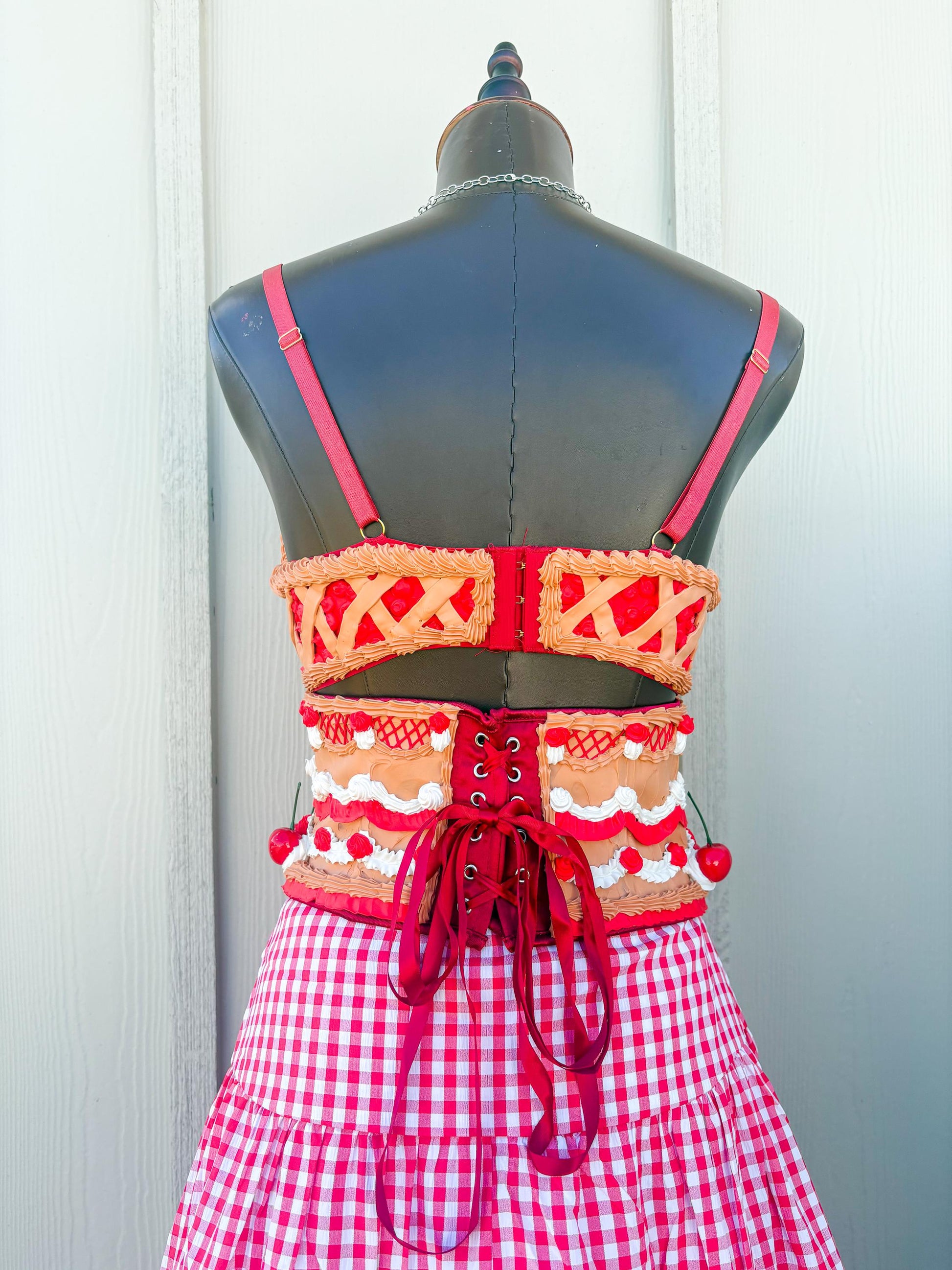 Cherry Pie Pin-Up Costume - Cherry Pie Bra and Corset Top & Red Gingham Skirt