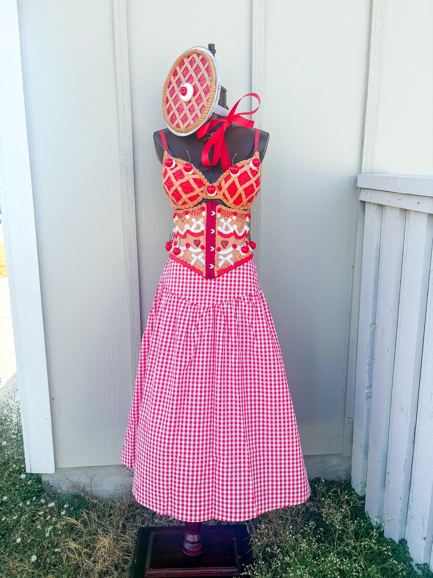 Cherry Pie Pin-Up Costume - Cherry Pie Bra and Corset Top & Red Gingham Skirt