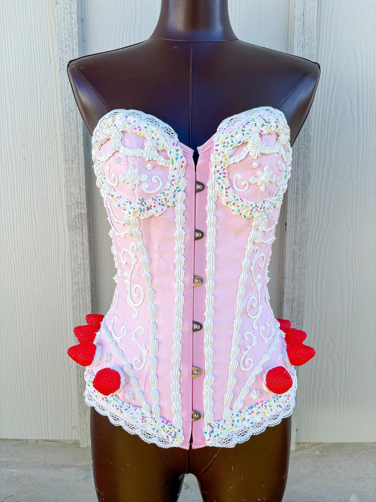 Customizable Cake Corset Couture – Pink and Cherry Topped, Artistic Wear