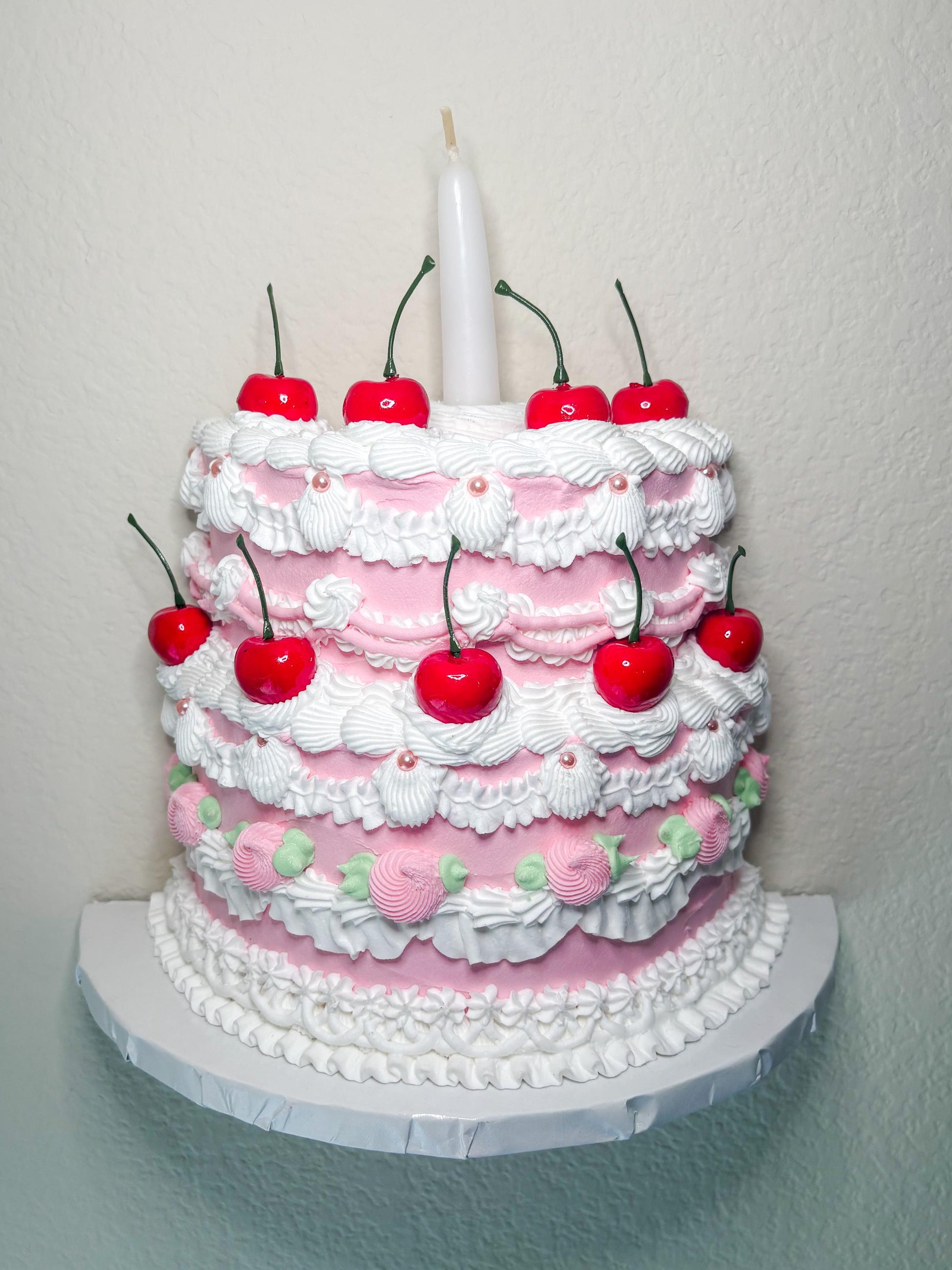 Cherry Birthday Cake Wall Hanging | Faux Cake Decor | Pink Lambeth Style Fake Cake | Coquette Wall Art