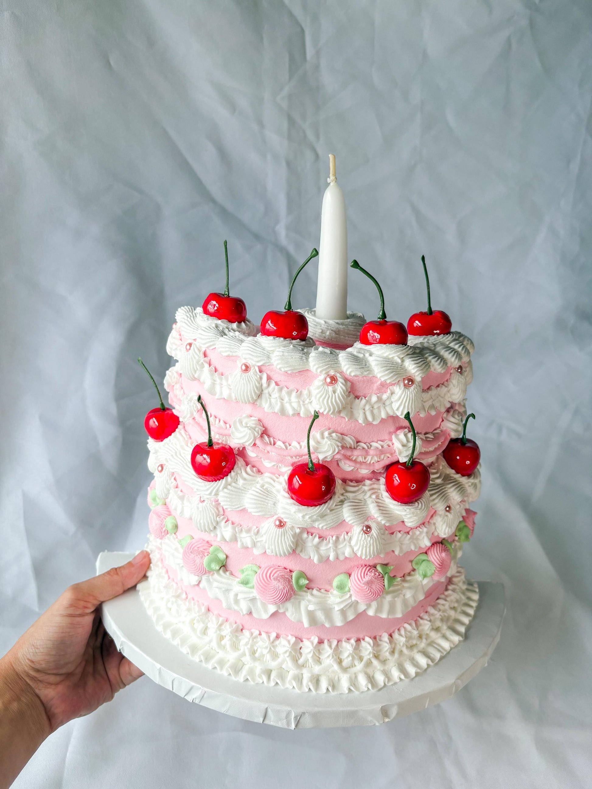 Cherry Birthday Cake Wall Hanging | Faux Cake Decor | Pink Lambeth Style Fake Cake | Coquette Wall Art