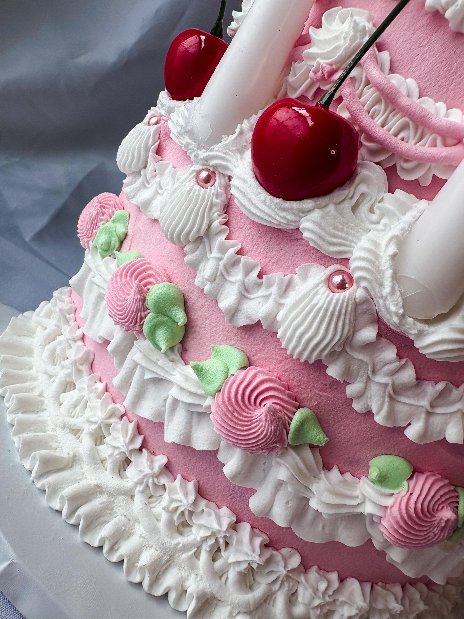 Cherry Birthday Cake Wall Hanging | Faux Cake Decor | Pink Lambeth Style Fake Cake | Coquette Wall Art