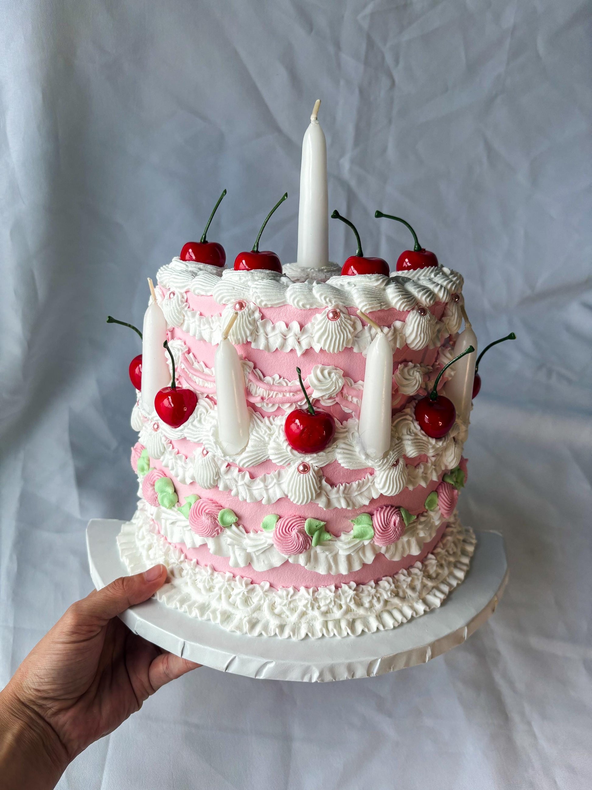 Cherry Birthday Cake Wall Hanging | Faux Cake Decor | Pink Lambeth Style Fake Cake | Coquette Wall Art
