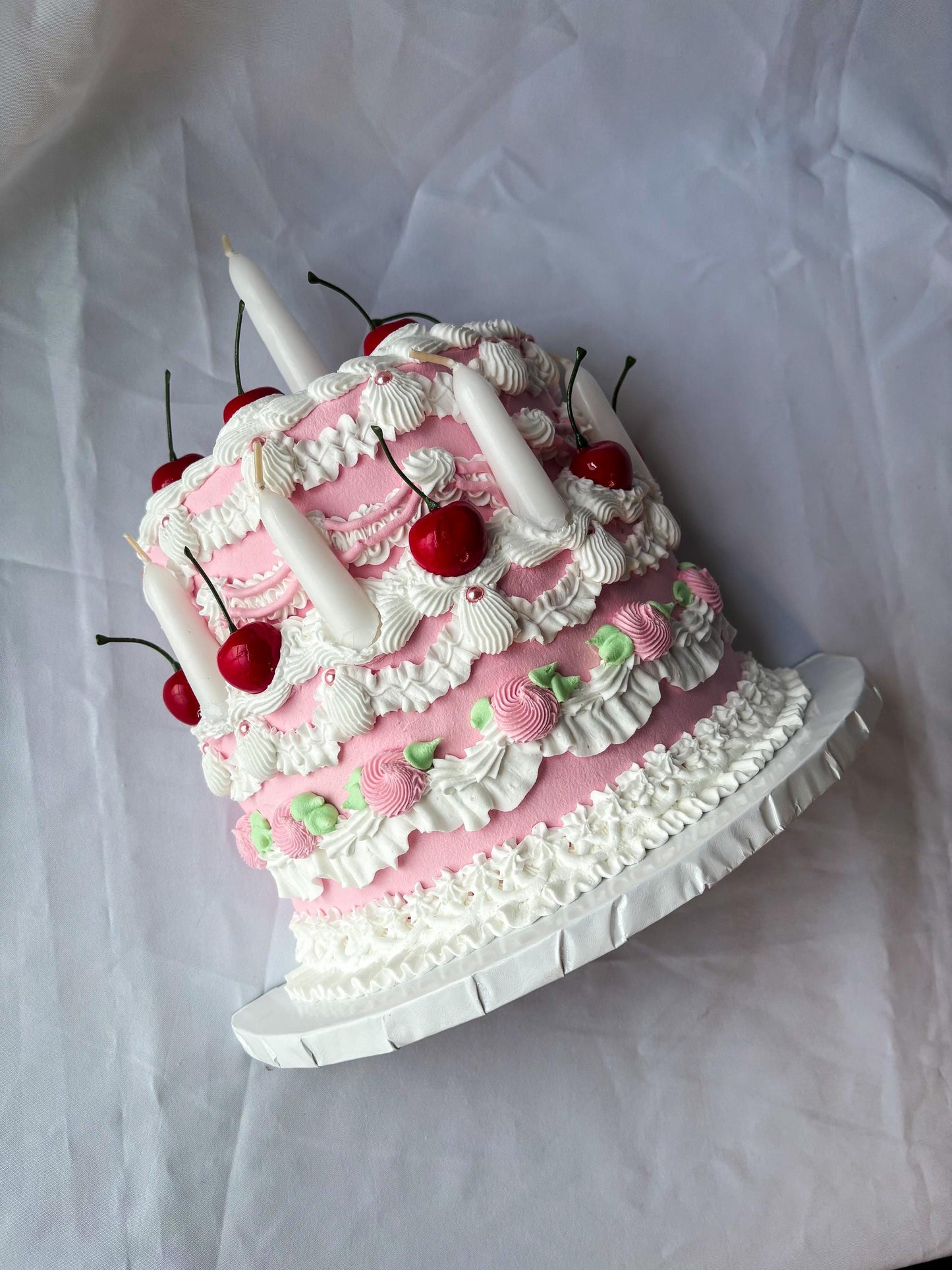 Cherry Birthday Cake Wall Hanging | Faux Cake Decor | Pink Lambeth Style Fake Cake | Coquette Wall Art