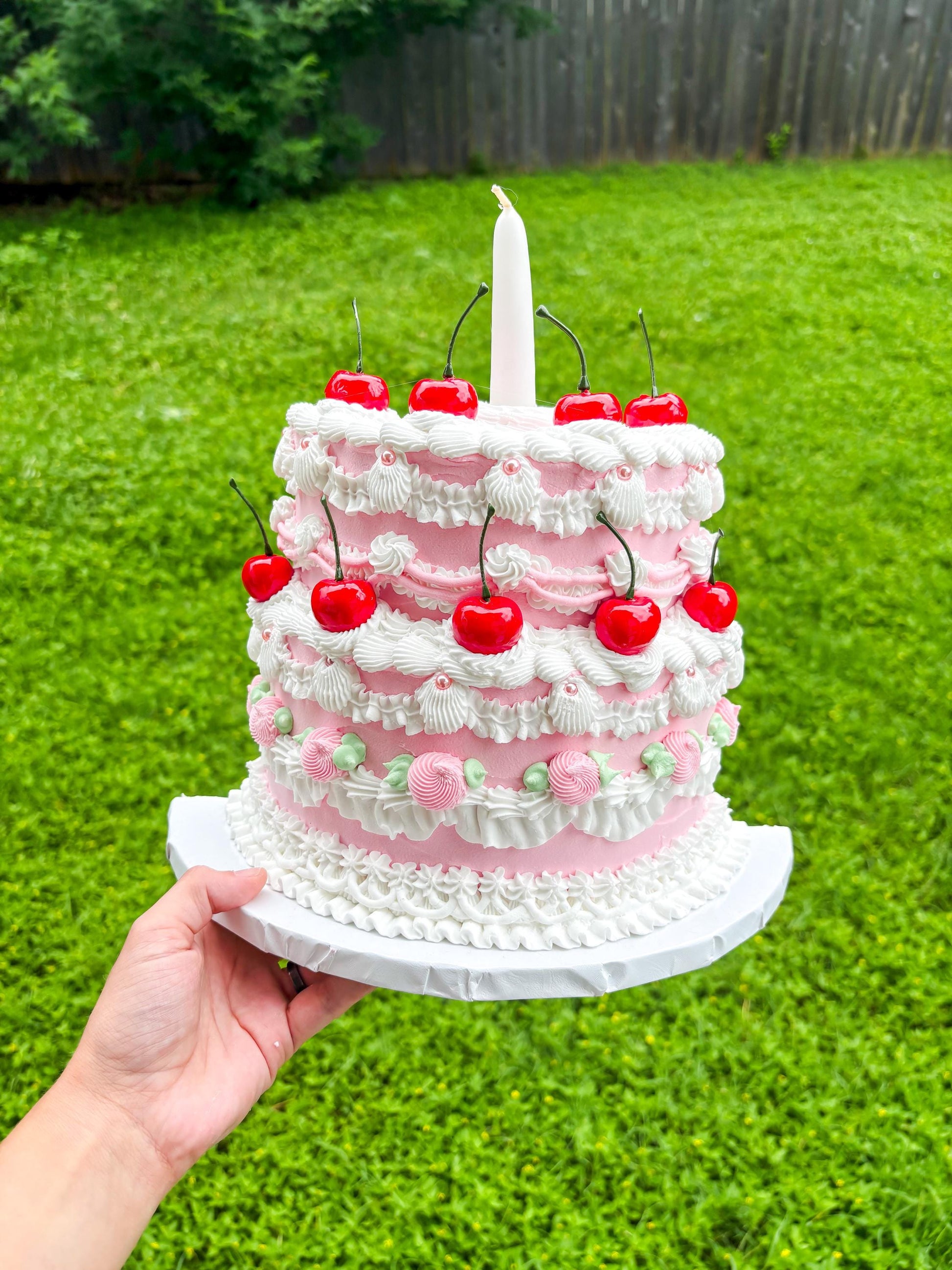 Cherry Birthday Cake Wall Hanging | Faux Cake Decor | Pink Lambeth Style Fake Cake | Coquette Wall Art