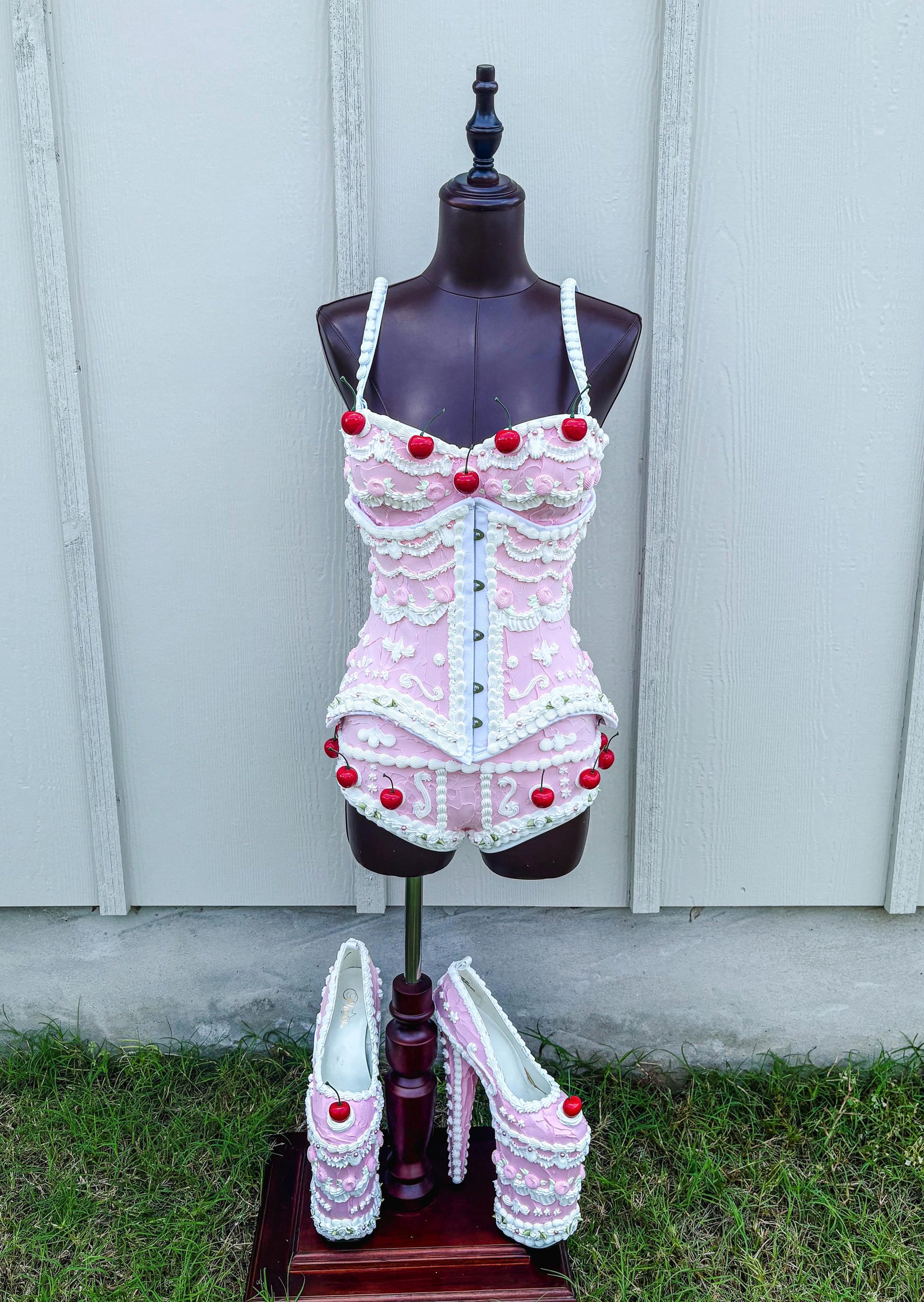 Customizable Cherry Cake Couture Set – Pink Cake Waist Corset, Bra & Shorts, Wearable Art Lingerie, Festival Outfit, Photoshoot Costume