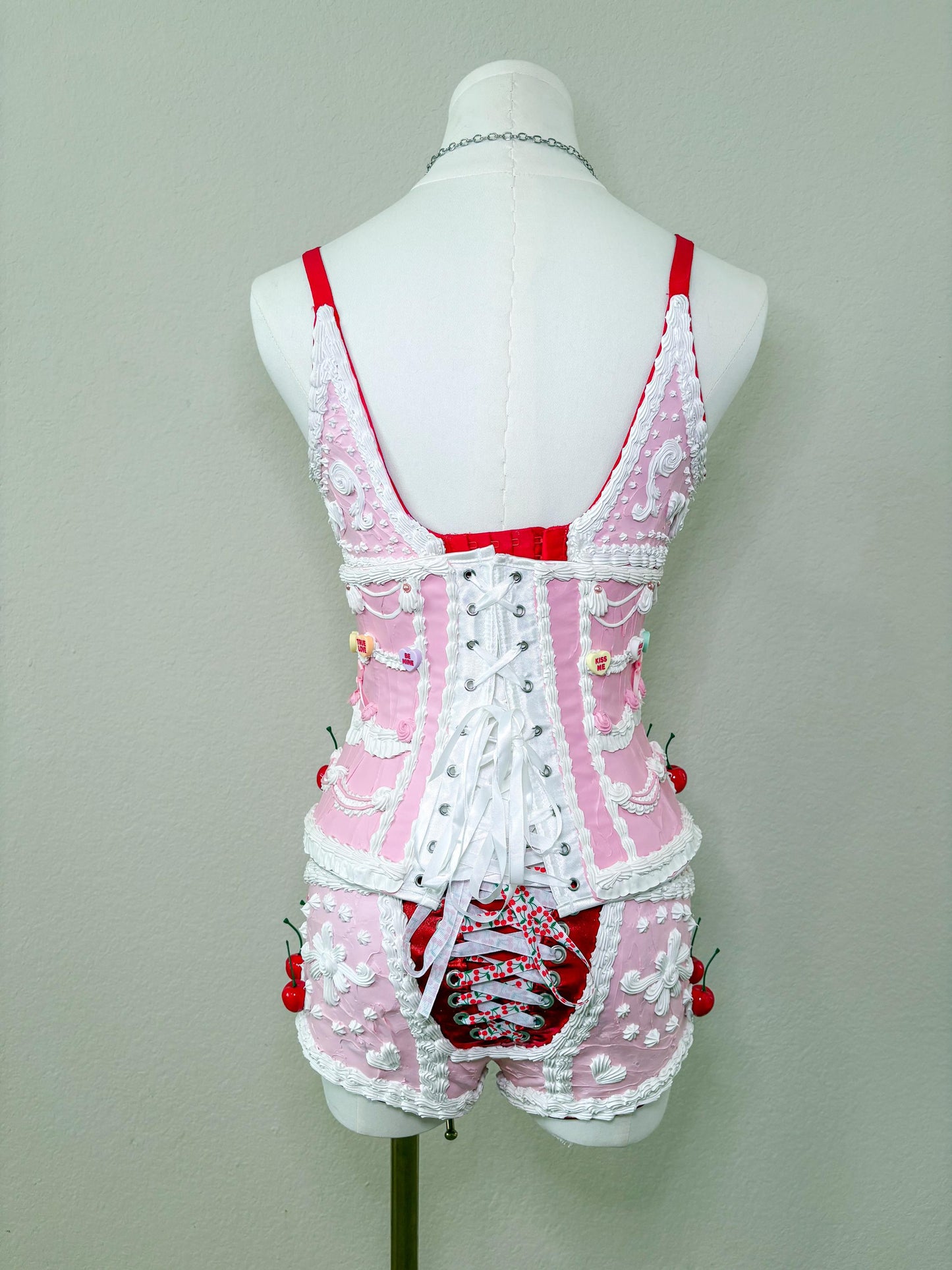 Customizable Cherry Cake Couture Set – Pink Cake Waist Corset, Bra & Shorts, Wearable Art Lingerie, Festival Outfit, Photoshoot Costume