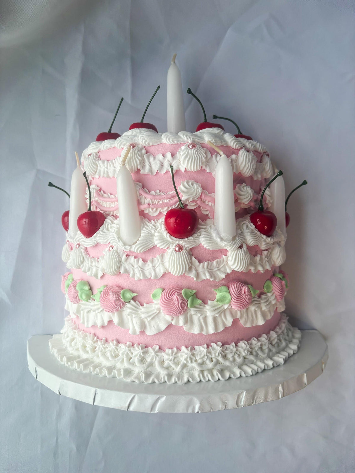 Cherry Birthday Cake Wall Hanging | Faux Cake Decor | Pink Lambeth Style Fake Cake | Coquette Wall Art