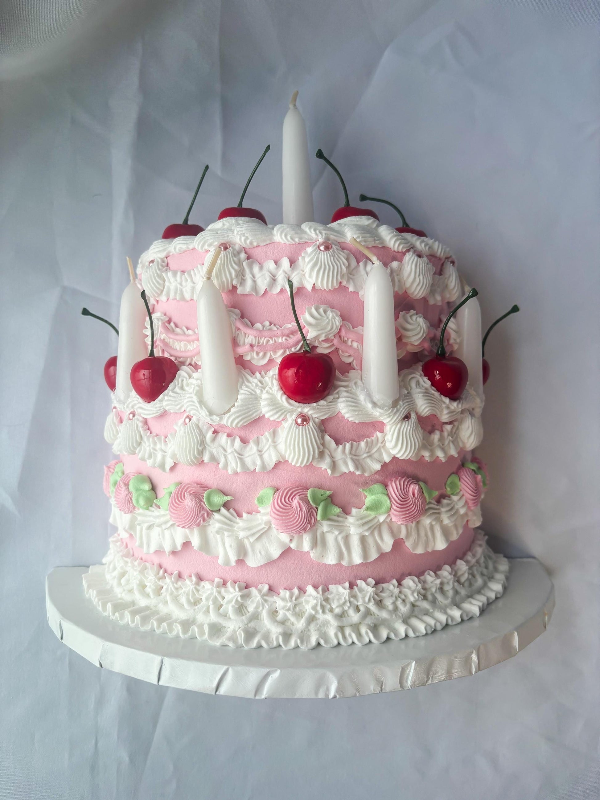 Cherry Birthday Cake Wall Hanging | Faux Cake Decor | Pink Lambeth Style Fake Cake | Coquette Wall Art