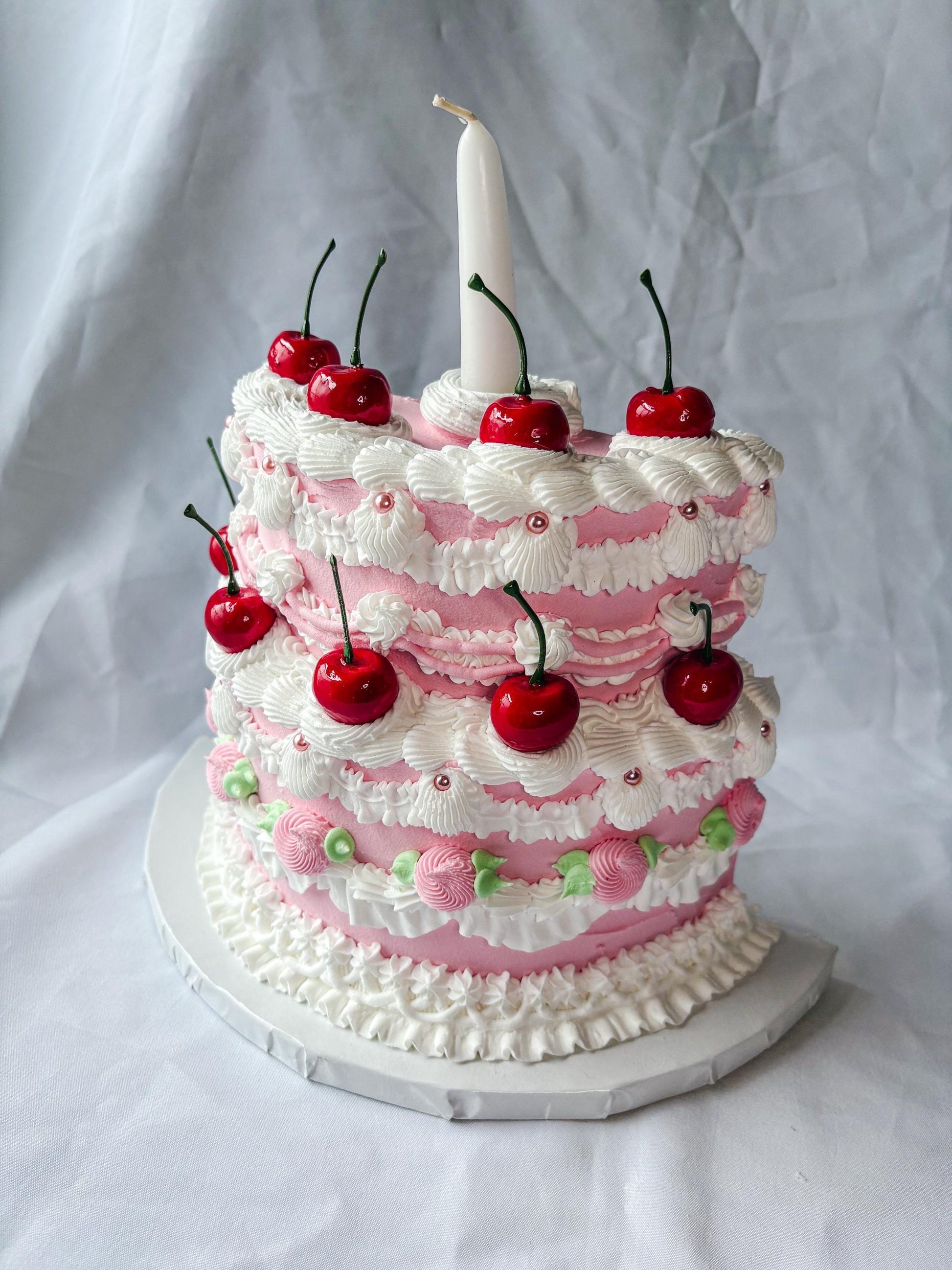 Cherry Birthday Cake Wall Hanging | Faux Cake Decor | Pink Lambeth Style Fake Cake | Coquette Wall Art