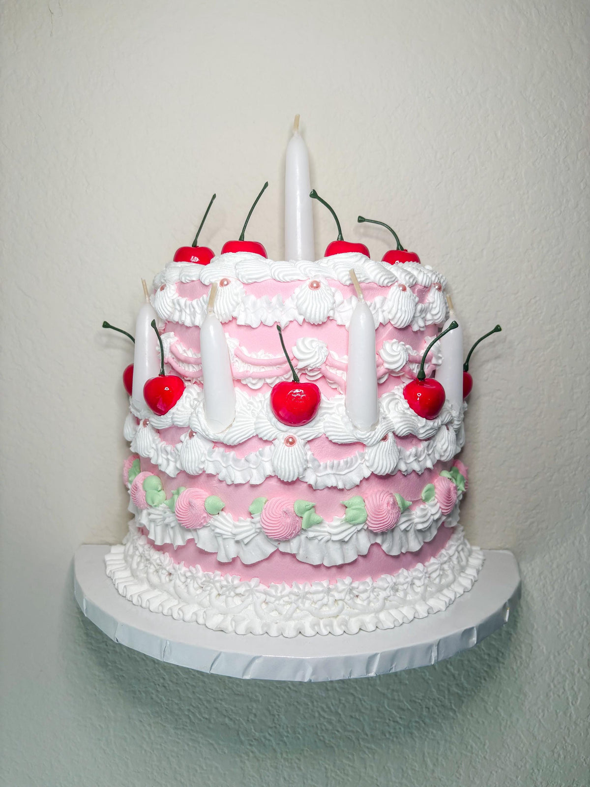 Cherry Birthday Cake Wall Hanging | Faux Cake Decor | Pink Lambeth Style Fake Cake | Coquette Wall Art