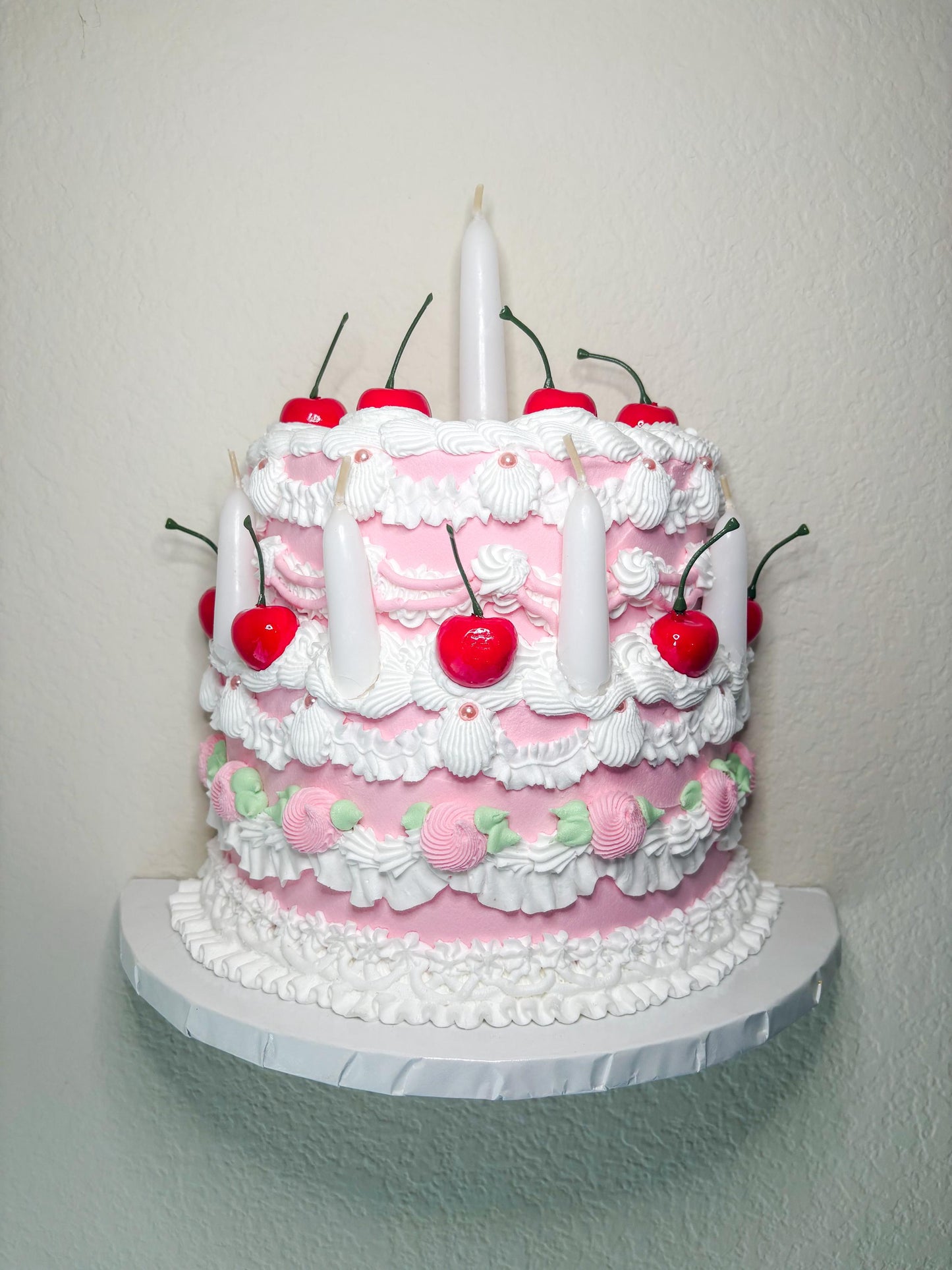Cherry Birthday Cake Wall Hanging | Faux Cake Decor | Pink Lambeth Style Fake Cake | Coquette Wall Art