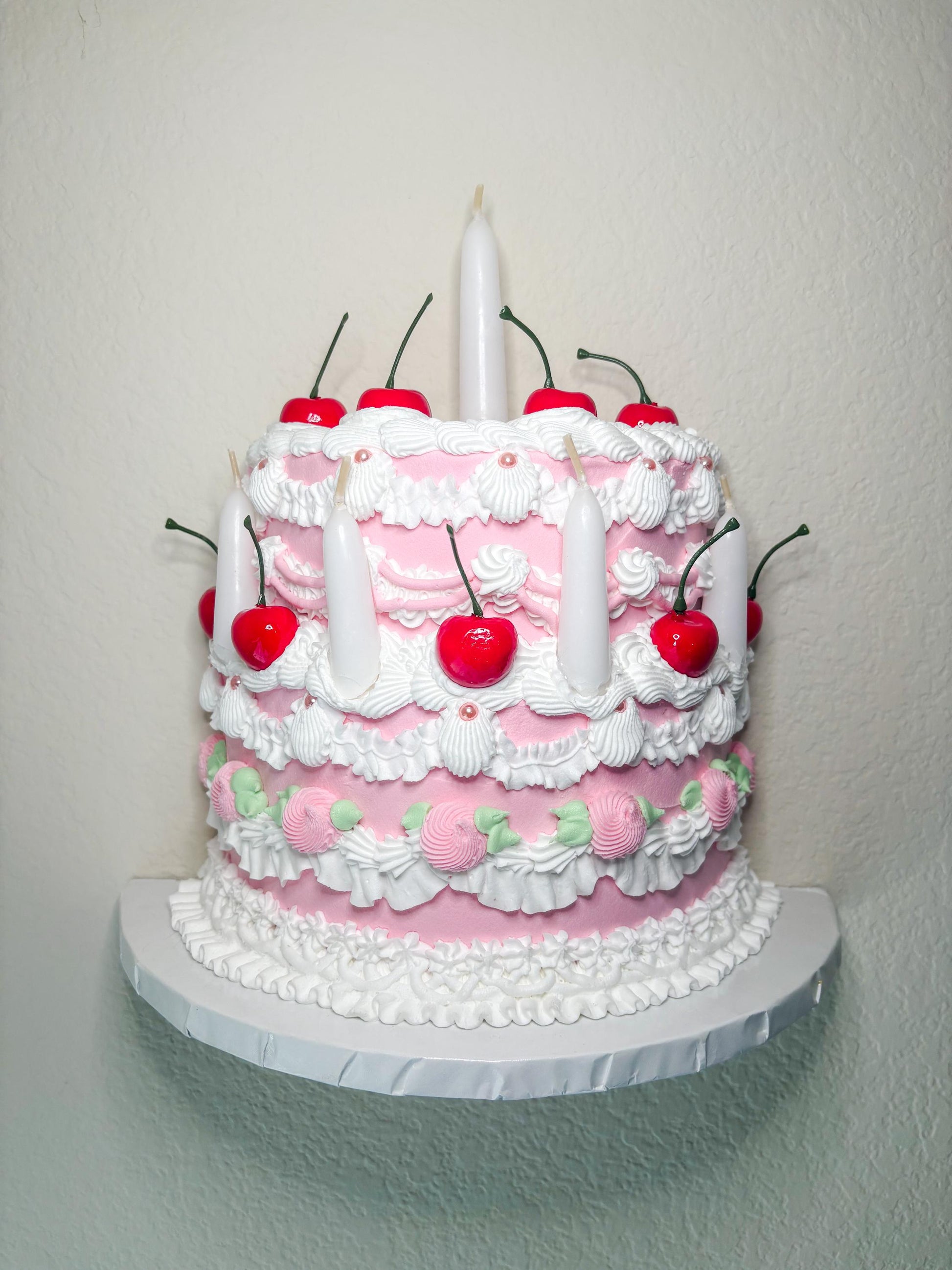 Cherry Birthday Cake Wall Hanging | Faux Cake Decor | Pink Lambeth Style Fake Cake | Coquette Wall Art